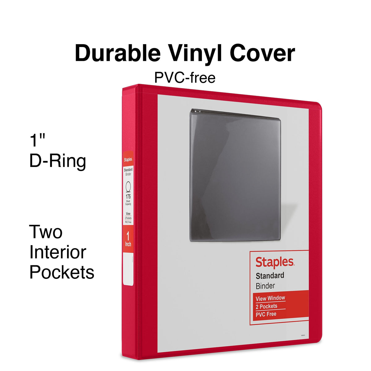 Staples 1" 3-Ring View Binders, D-Ring, Red