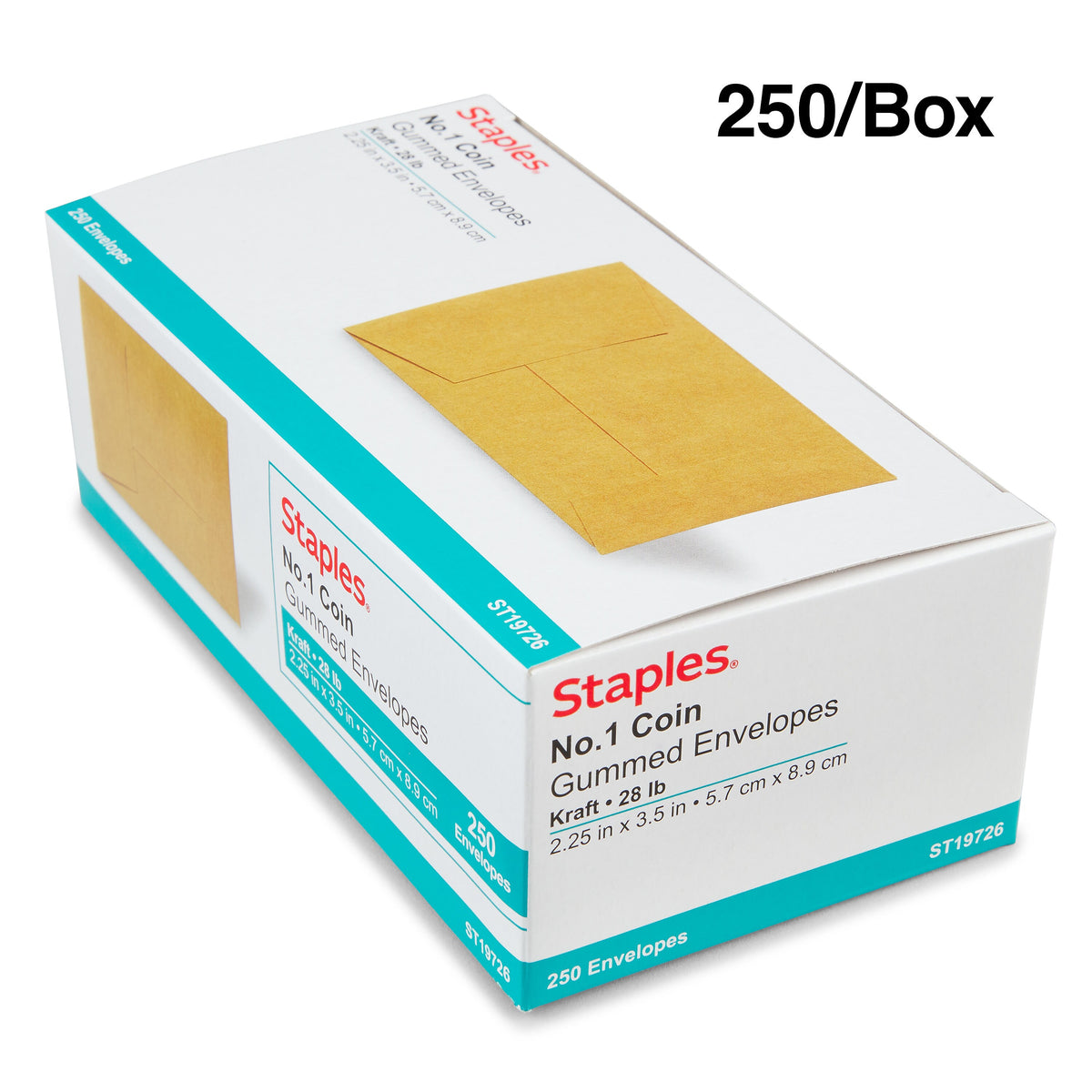 Staples #1 Currency Envelope, 2 1/4 x 3 1/2, Kraft, 250/Box