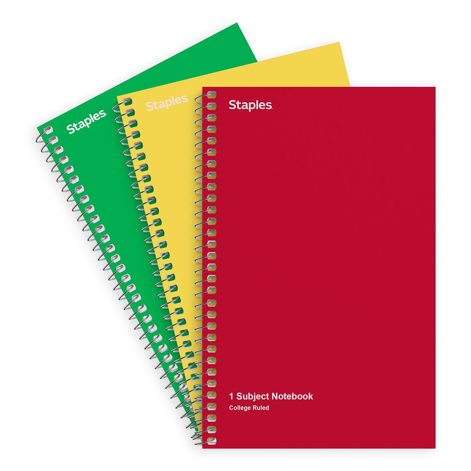Staples 1-Subject Notebook, 5" x 7.75", College Ruled, 80 Sheets, Assorted Colors, 3/Pack