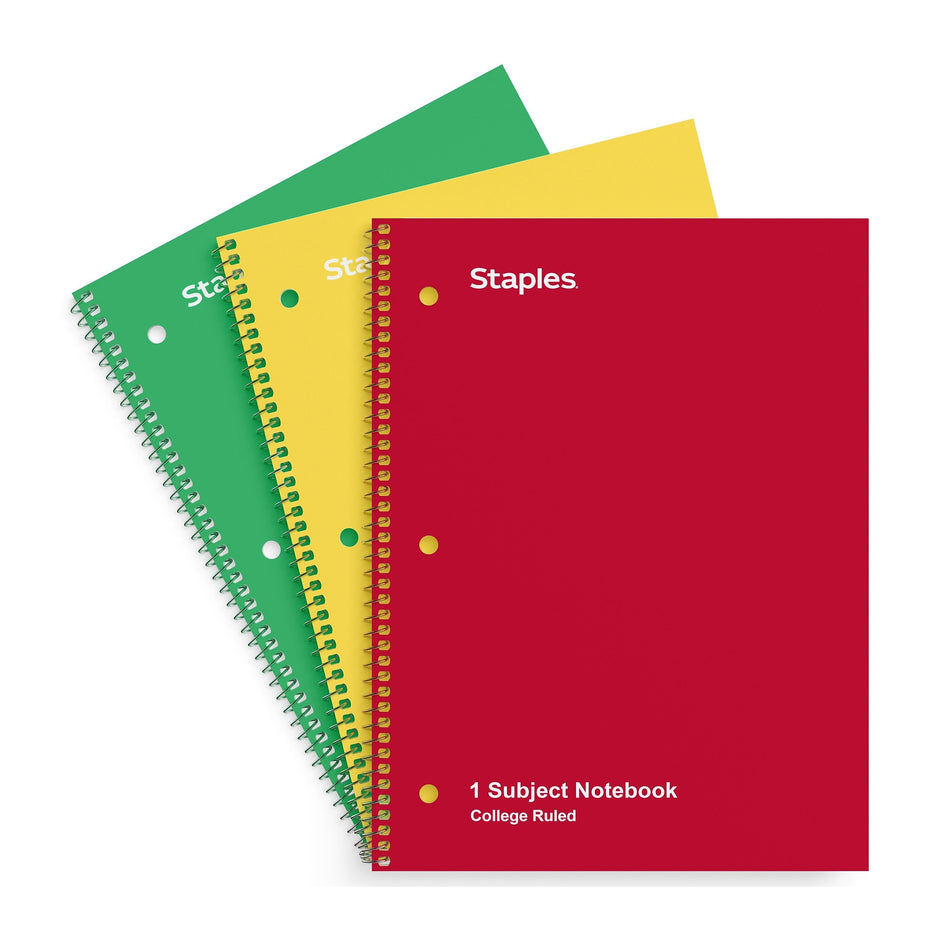 Staples 1-Subject Notebook, 8" x 10.5", College Ruled, 70 Sheets, Assorted Colors, 3/Pack