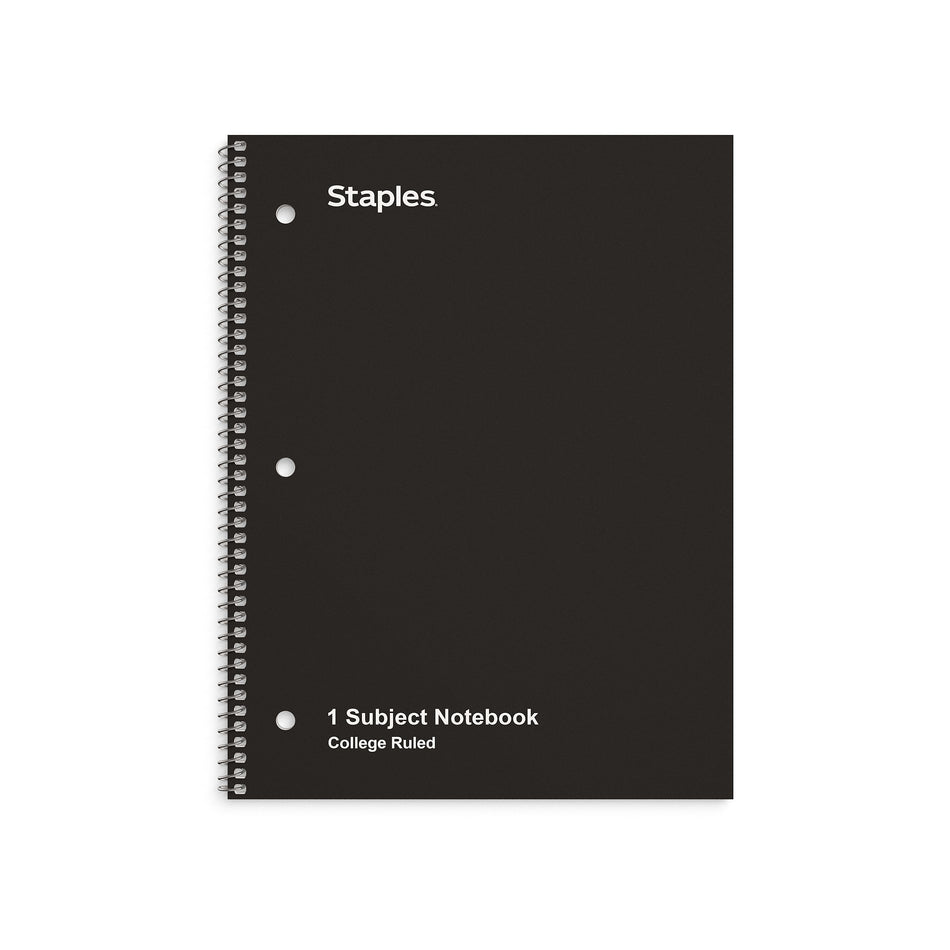 Staples 1-Subject Notebook, 8" x 10.5", College Ruled, 70 Sheets, Black
