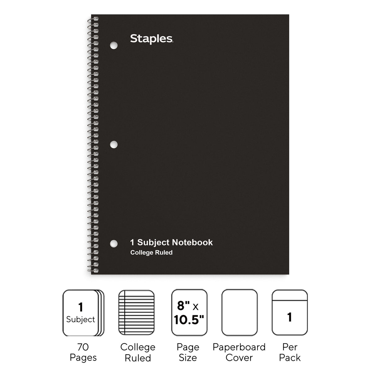 Staples 1-Subject Notebook, 8" x 10.5", College Ruled, 70 Sheets, Black