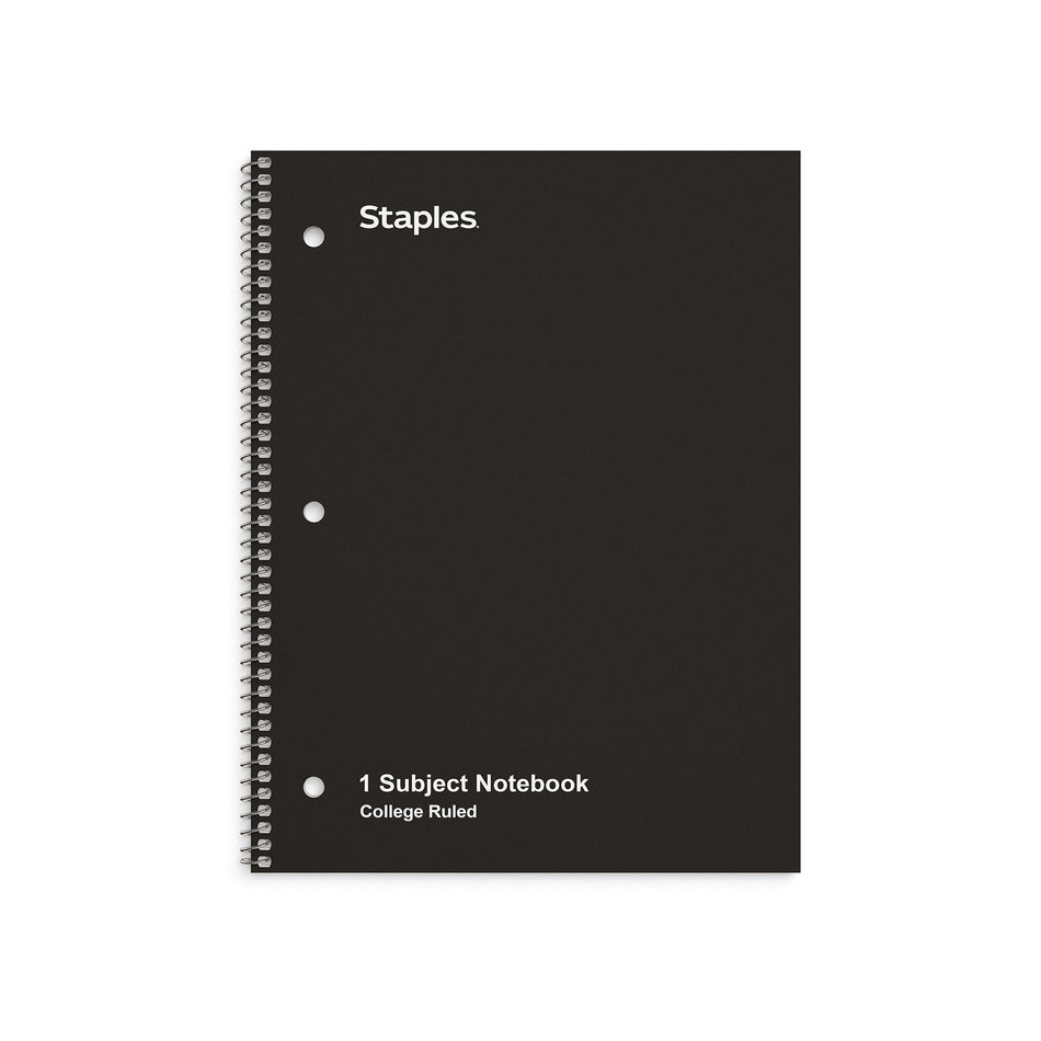 Staples 1-Subject Notebook, 8" x 10.5", College Ruled, 70 Sheets, Black, 6/Pack