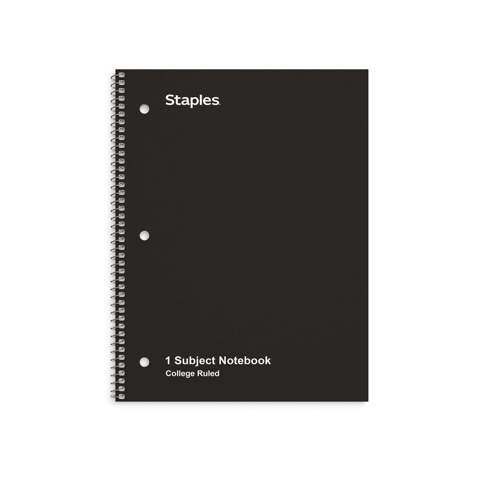 Staples 1-Subject Notebook, 8" x 10.5", College Ruled, 70 Sheets, Black, 6/Pack
