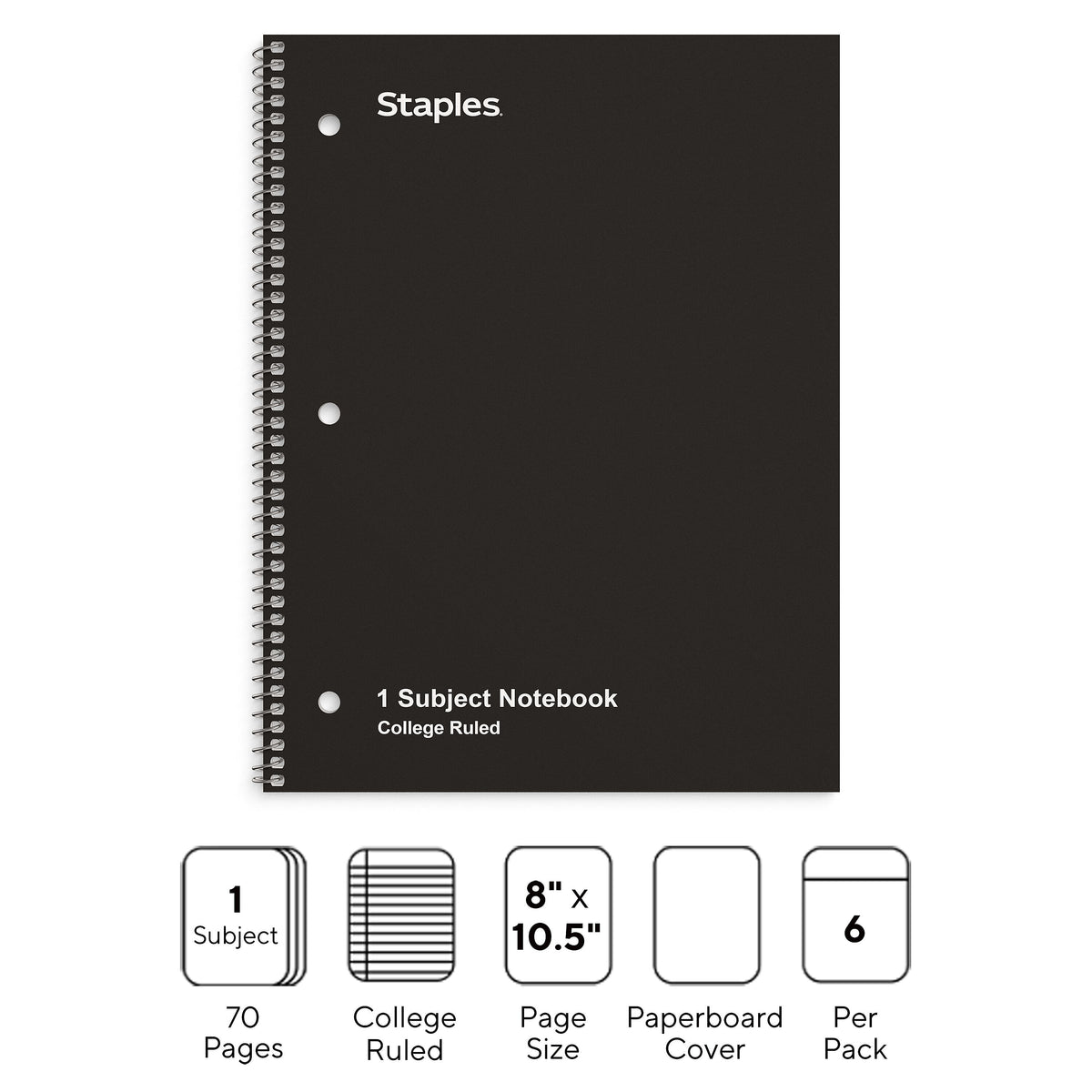 Staples 1-Subject Notebook, 8" x 10.5", College Ruled, 70 Sheets, Black, 6/Pack