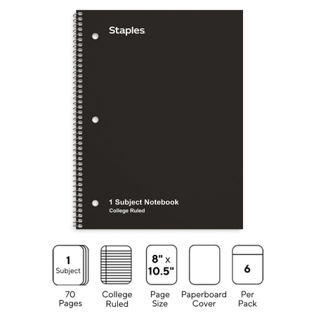 Staples 1-Subject Notebook, 8" x 10.5", College Ruled, 70 Sheets, Black, 6/Pack