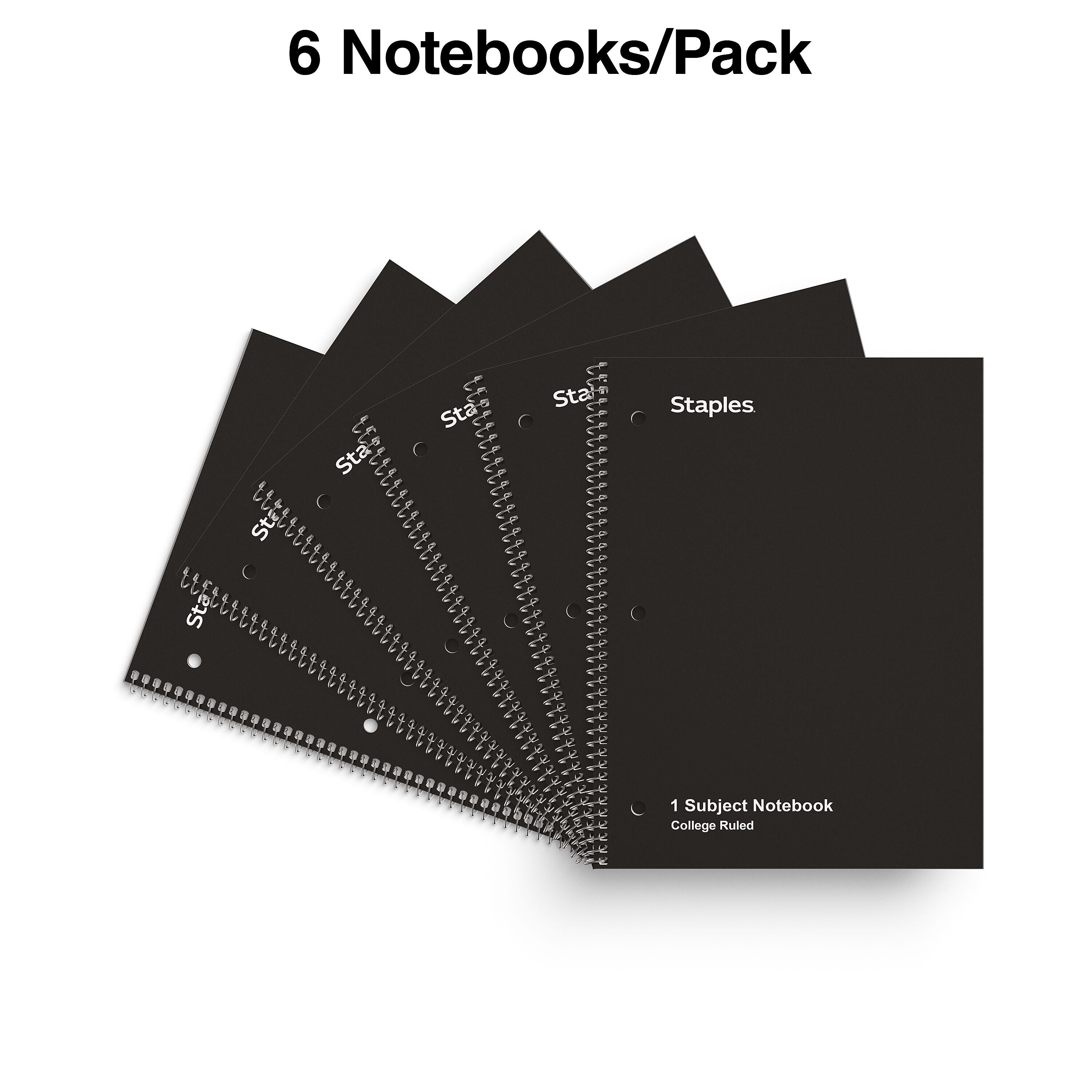 Staples 1-Subject Notebook, 8" x 10.5", College Ruled, 70 Sheets, Black, 6/Pack