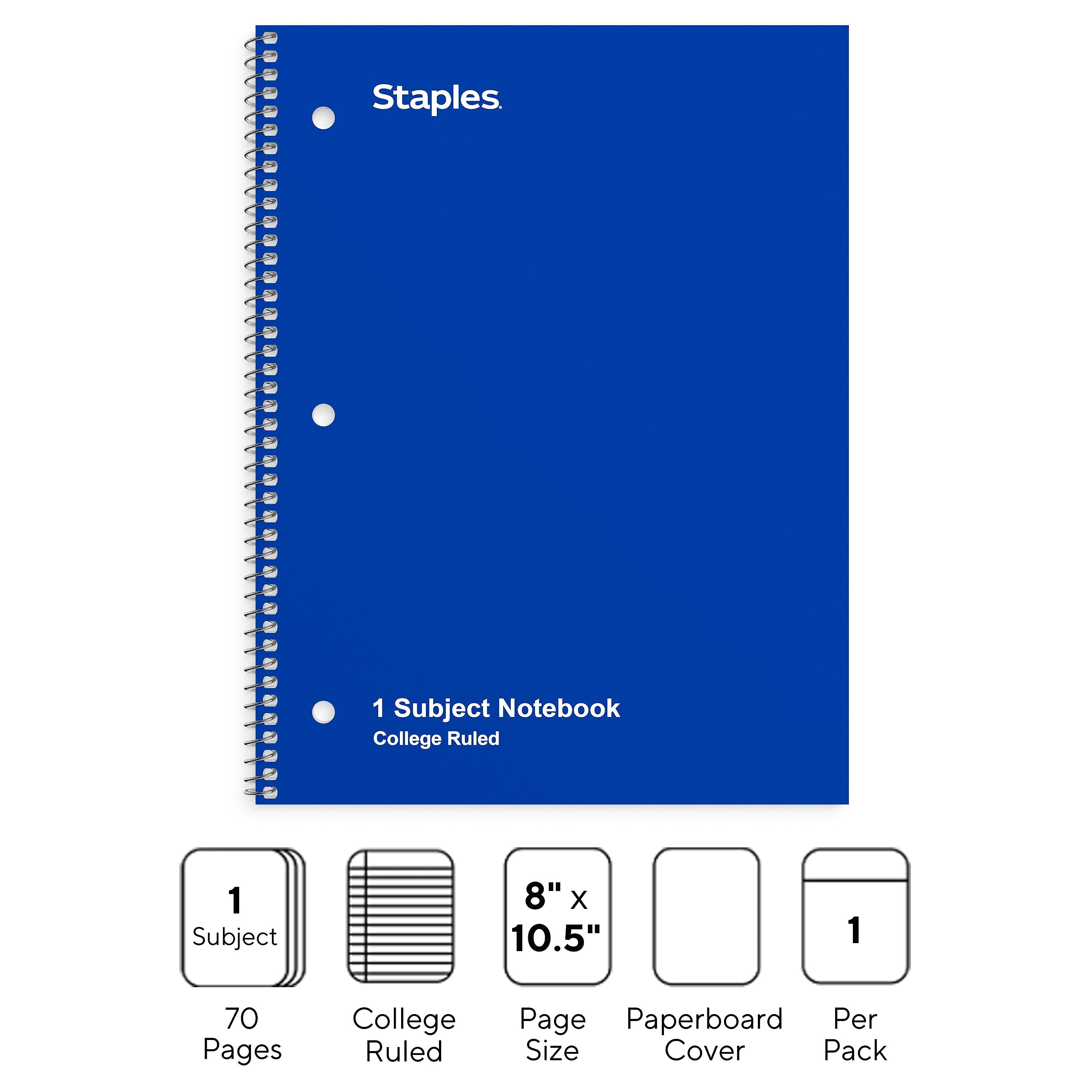 Staples 1-Subject Notebook, 8" x 10.5", College Ruled, 70 Sheets, Blue