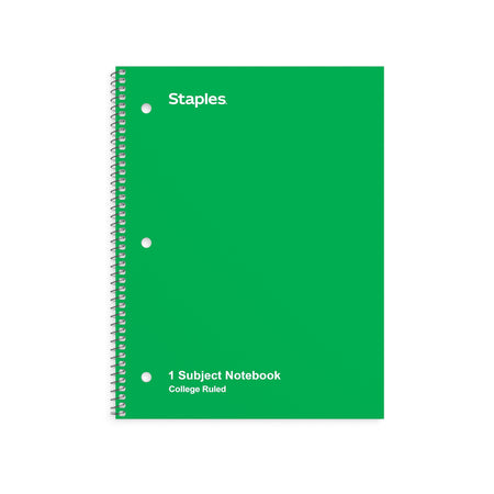 Staples 1-Subject Notebook, 8" x 10.5", College Ruled, 70 Sheets, Green