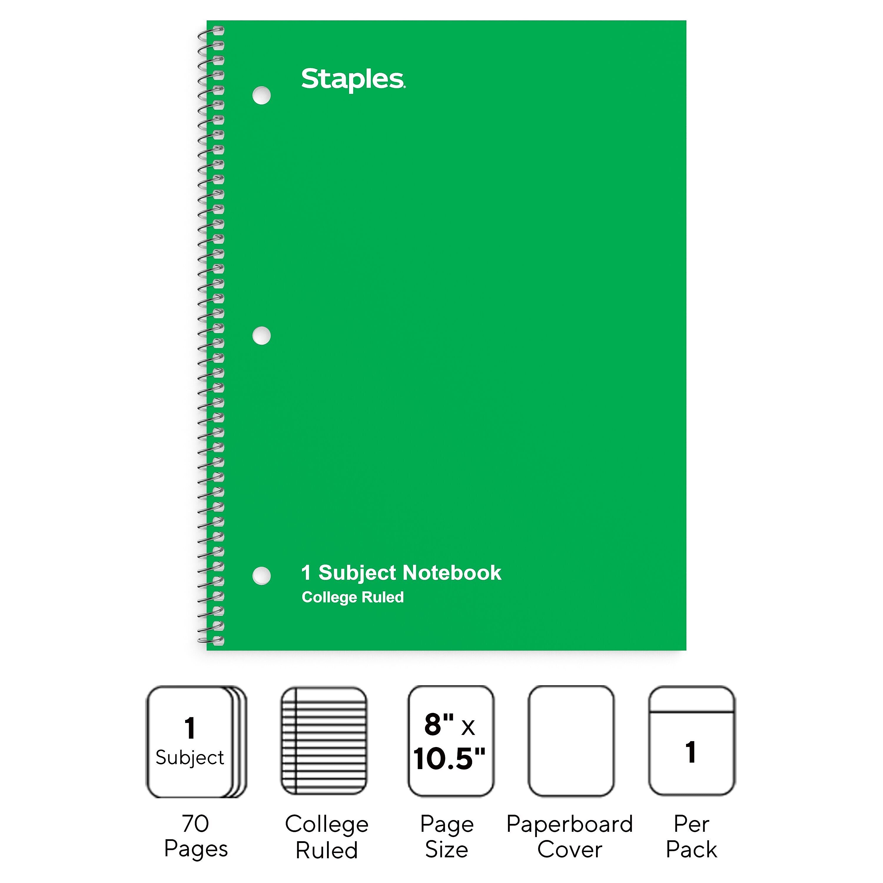 Staples 1-Subject Notebook, 8" x 10.5", College Ruled, 70 Sheets, Green