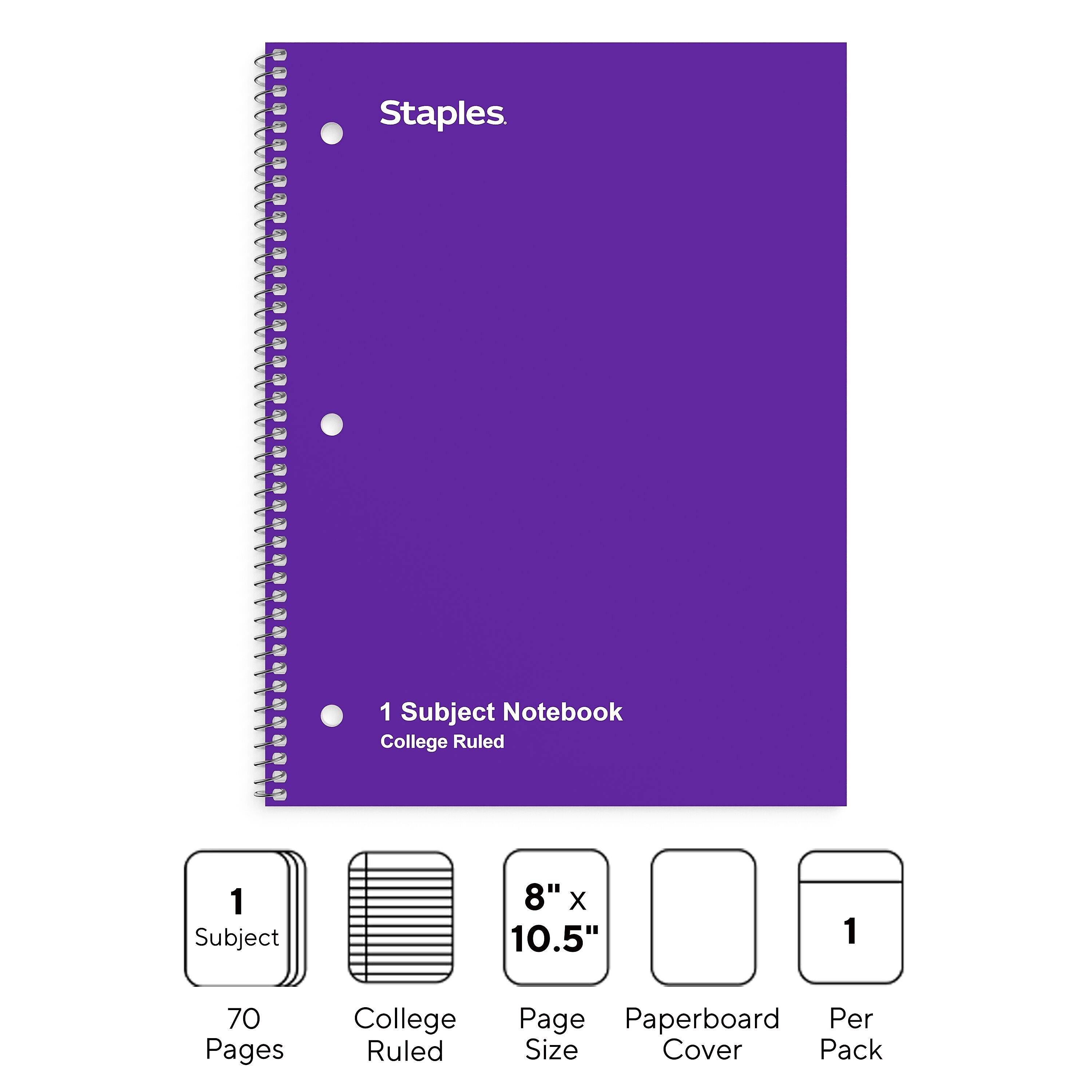 Staples 1-Subject Notebook, 8" x 10.5", College Ruled, 70 Sheets, Purple