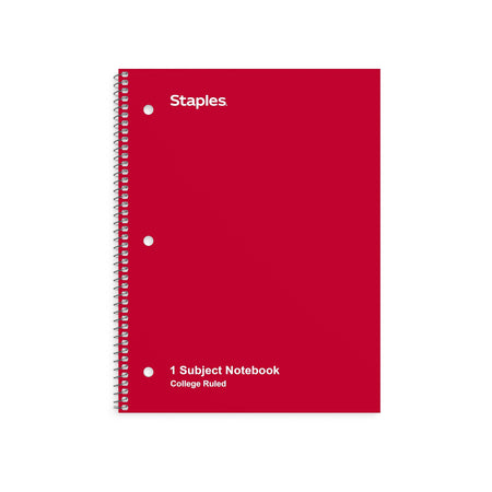 Staples 1-Subject Notebook, 8" x 10.5", College Ruled, 70 Sheets, Red