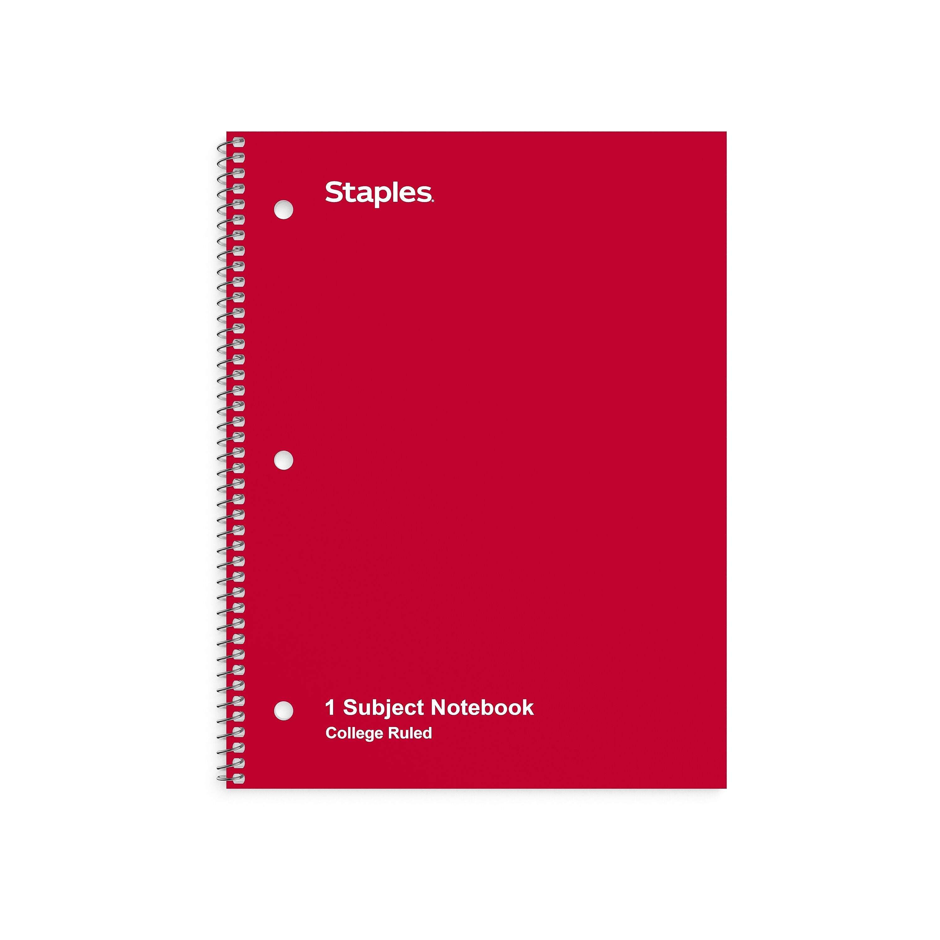 Staples 1-Subject Notebook, 8" x 10.5", College Ruled, 70 Sheets, Red