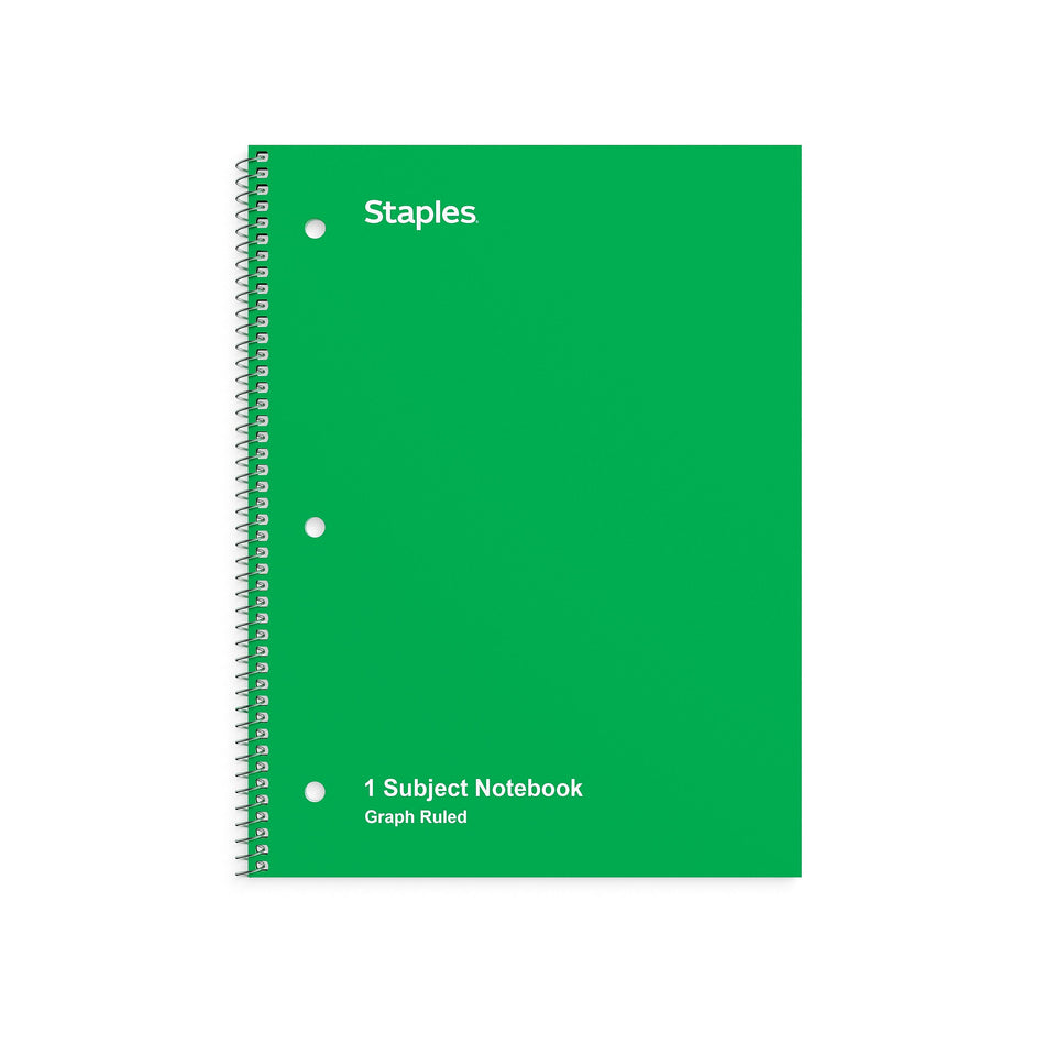 Staples 1-Subject Notebook, 8" x 10.5", Graph Ruled, 70 Sheets, Green