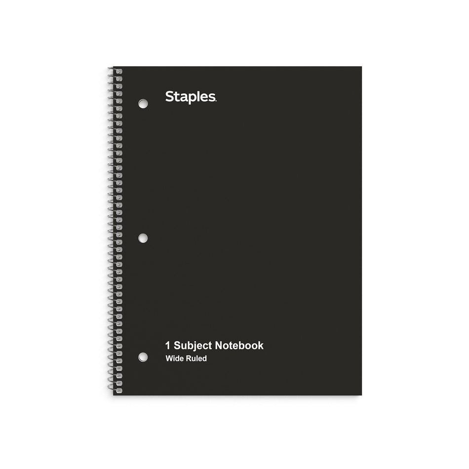 Staples 1-Subject Notebook, 8" x 10.5", Wide Ruled, 70 Sheets, Black