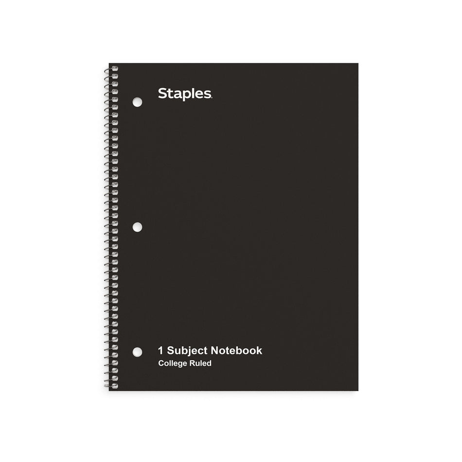 Staples 1-Subject Notebook, 8.5" x 10.5", College Ruled, 70 Sheets, Black, 3/Pack