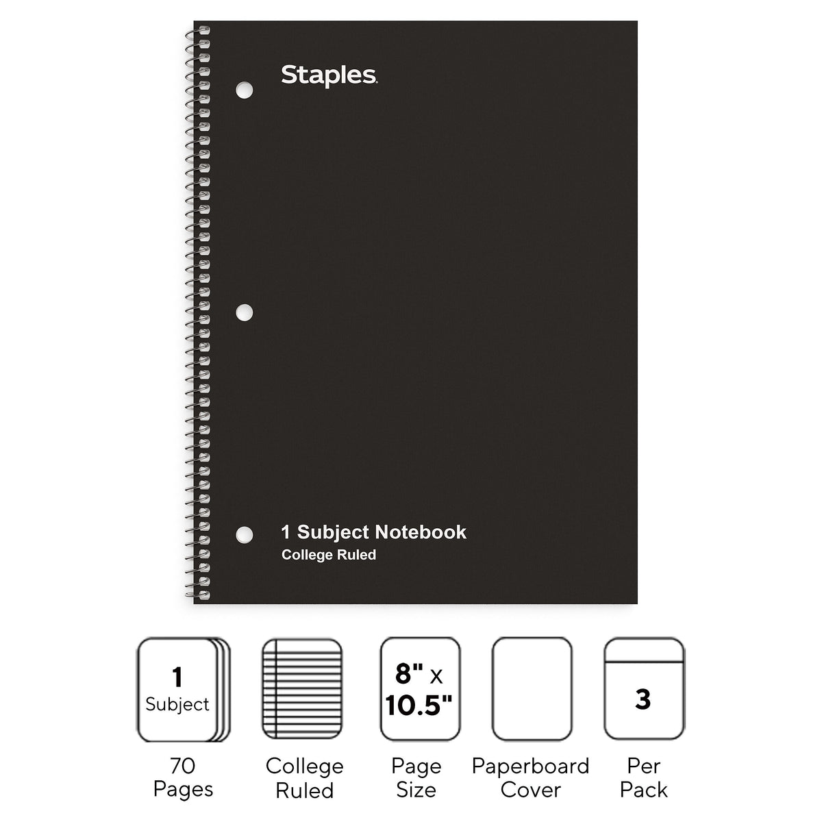 Staples 1-Subject Notebook, 8.5" x 10.5", College Ruled, 70 Sheets, Black, 3/Pack