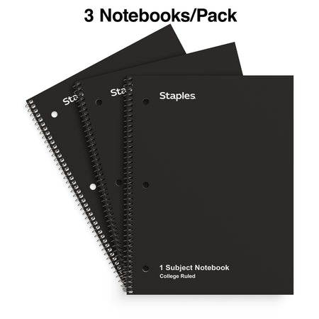 Staples 1-Subject Notebook, 8.5" x 10.5", College Ruled, 70 Sheets, Black, 3/Pack