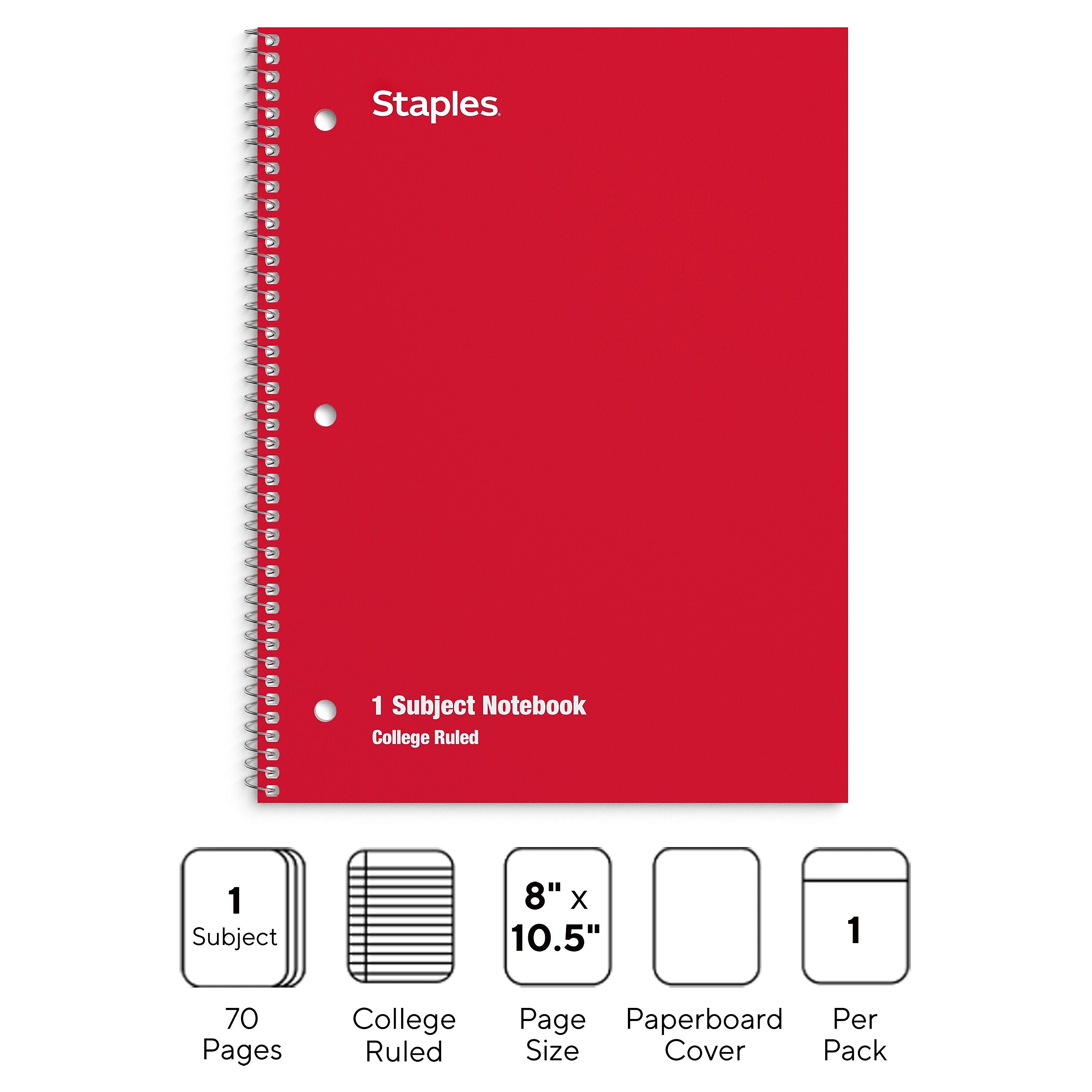 Staples® 1-Subject Notebooks, 8" x 10.5", College Ruled, 70 Sheets, Assorted Colors, 48/Pack
