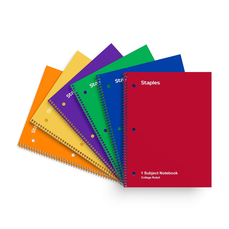 Staples 1-Subject Notebooks, 8" x 10.5", College Ruled, 70 Sheets, Assorted Colors, 6/Pack
