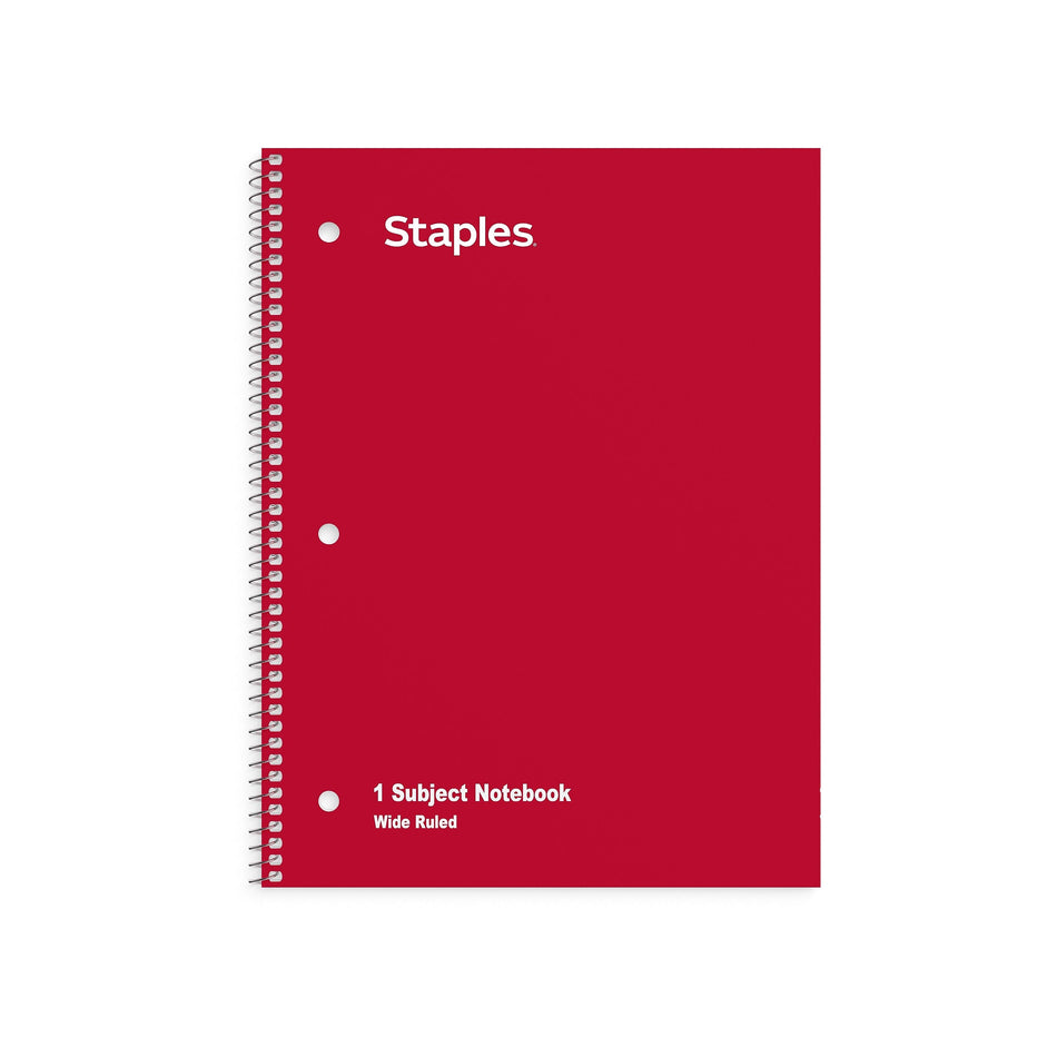 Staples 1-Subject Notebooks, 8" x 10.5", Wide Ruled, 70 Sheets, Assorted Colors, 6/Pack