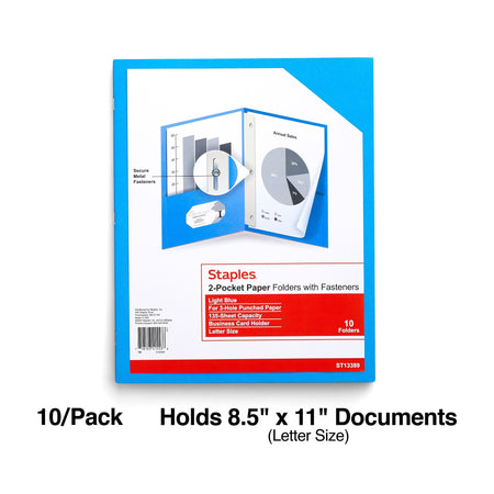 Staples 10% Recycled Matte 2-Pocket Paper Presentation Folder with Fasteners, Light Blue, 10/Pack