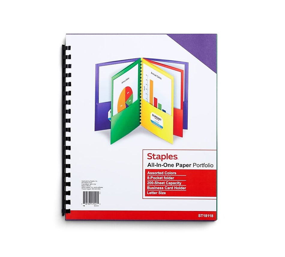 Staples 10% Recycled Matte 8-Pocket Cardstock Portfolio Folder, Assorted Colors, Each
