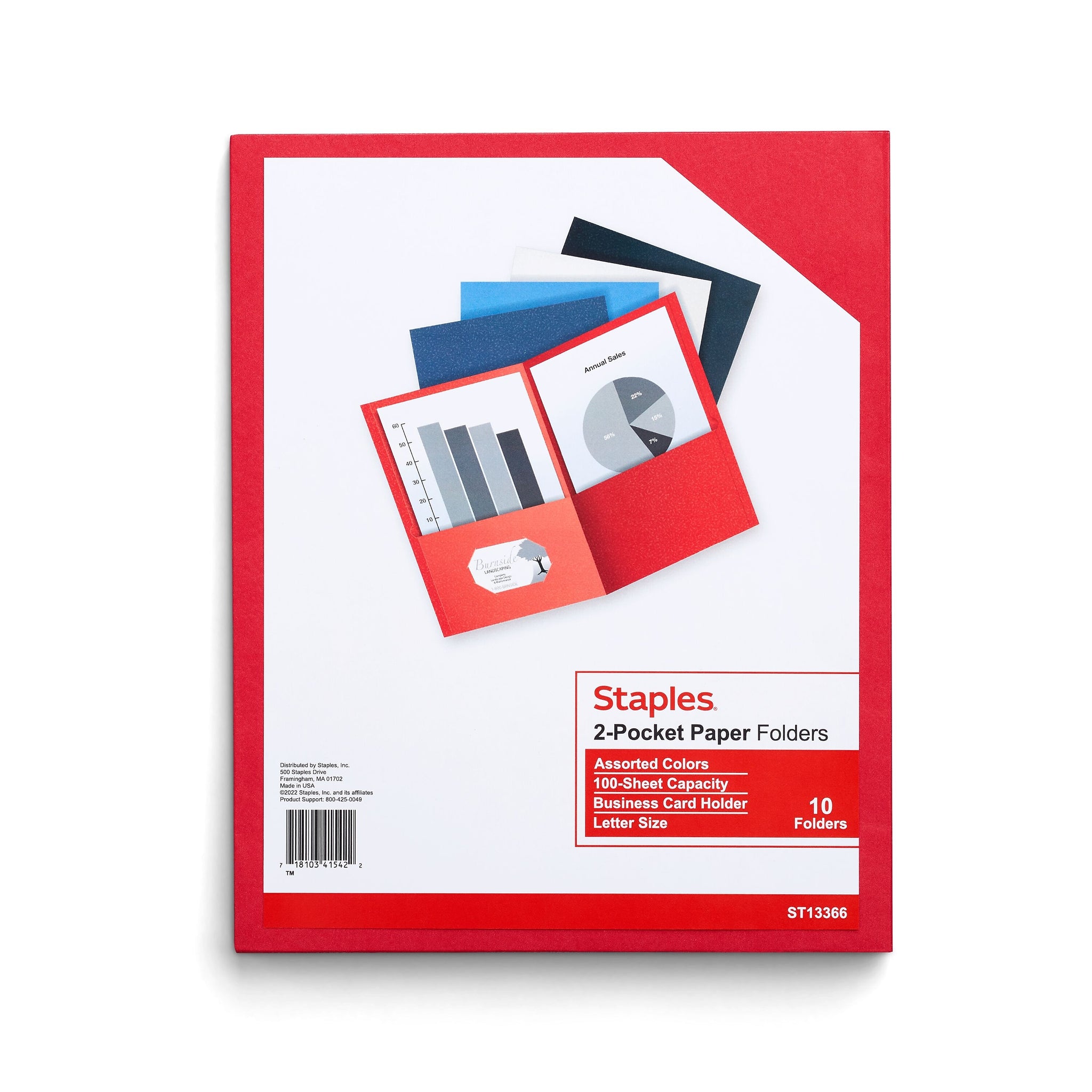 Staples 10% Recycled Smooth 2-Pocket Paper Presentation Folder, Assorted Colors, 10/Pack
