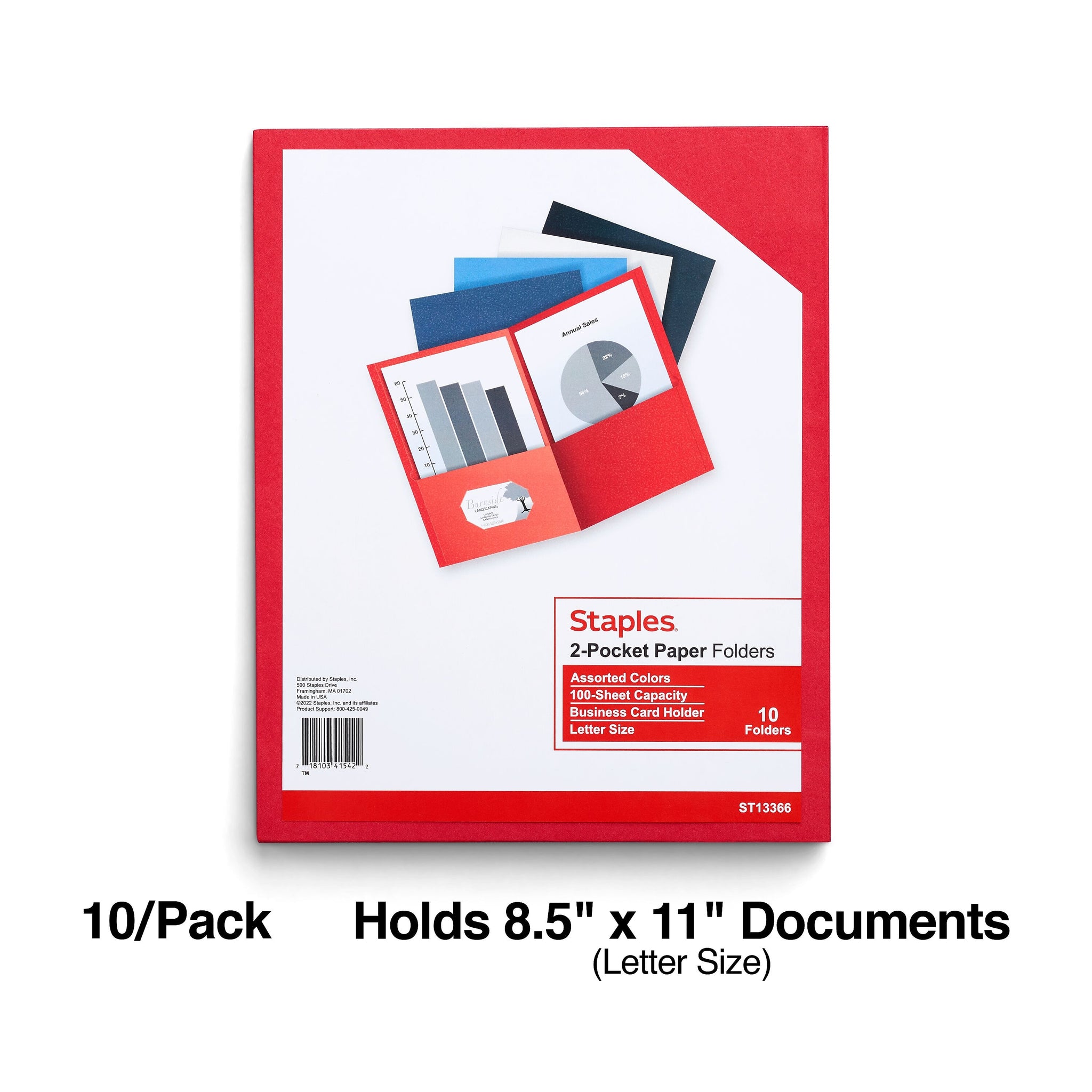 Staples 10% Recycled Smooth 2-Pocket Paper Presentation Folder, Assorted Colors, 10/Pack