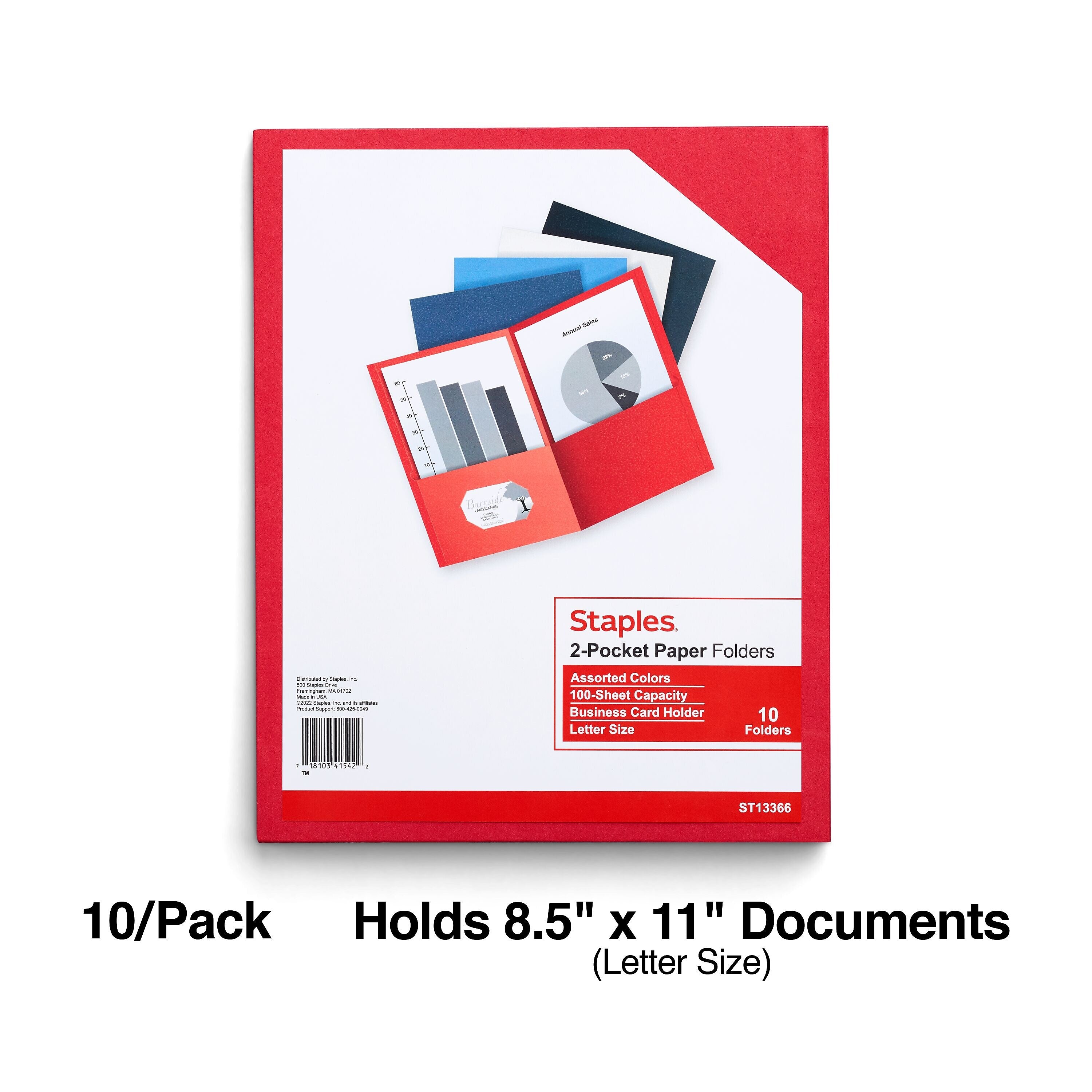 Staples 10% Recycled Smooth 2-Pocket Paper Presentation Folder, Assorted Colors, 10/Pack