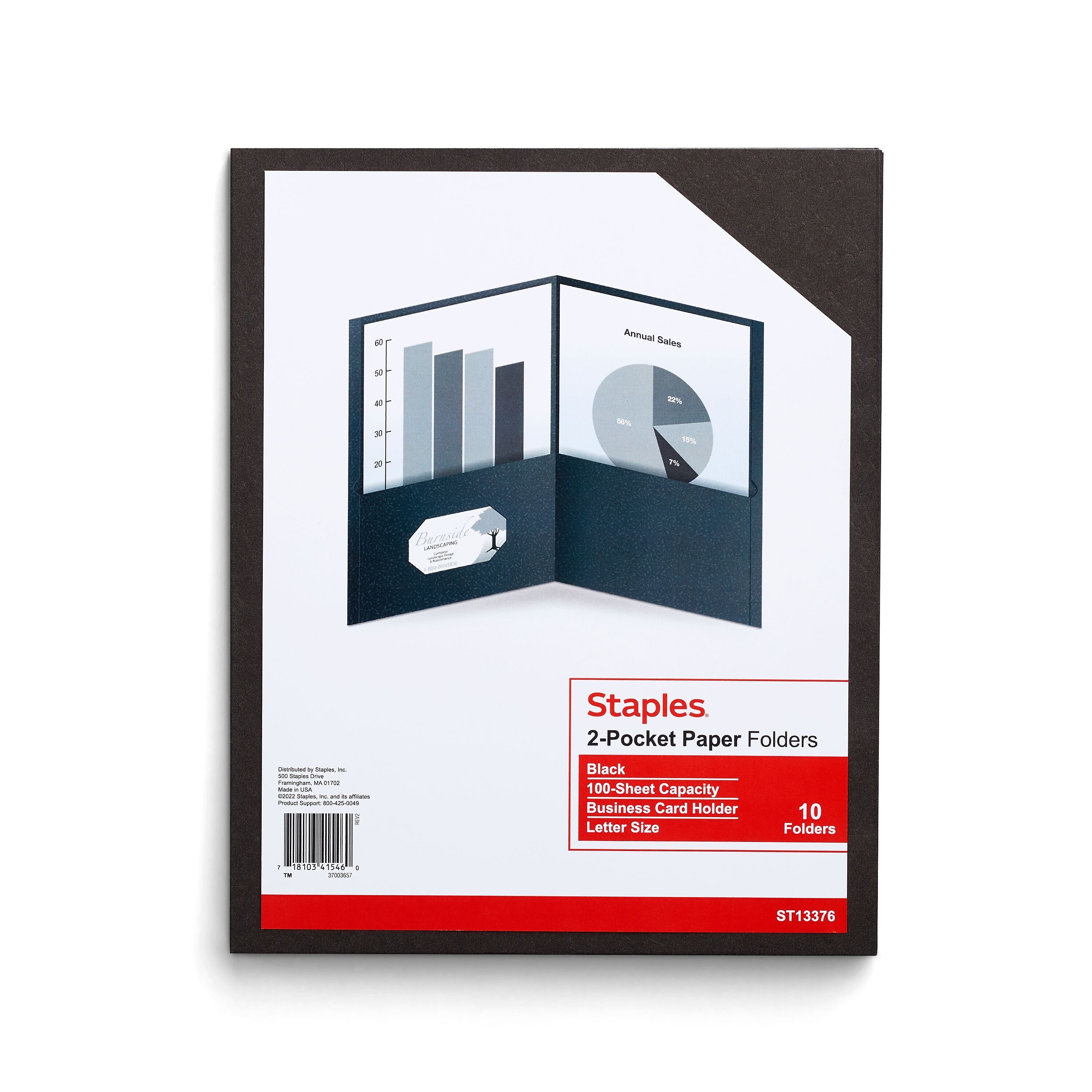 Staples 10% Recycled Smooth 2-Pocket Paper Presentation Folder, Black, 10/Pack