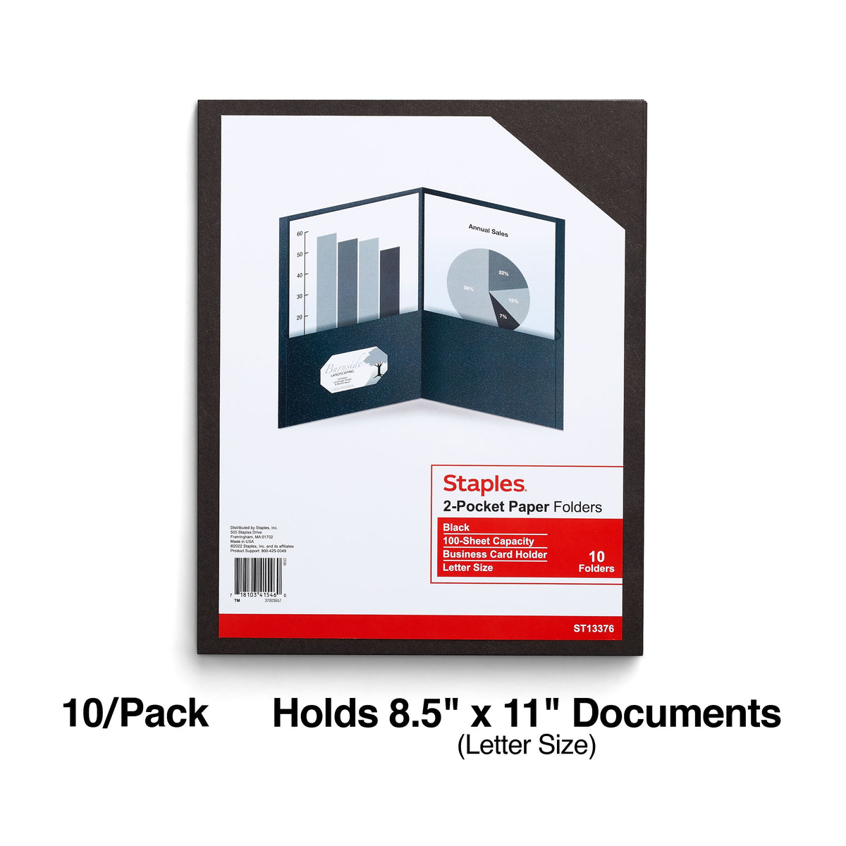 Staples 10% Recycled Smooth 2-Pocket Paper Presentation Folder, Black, 10/Pack