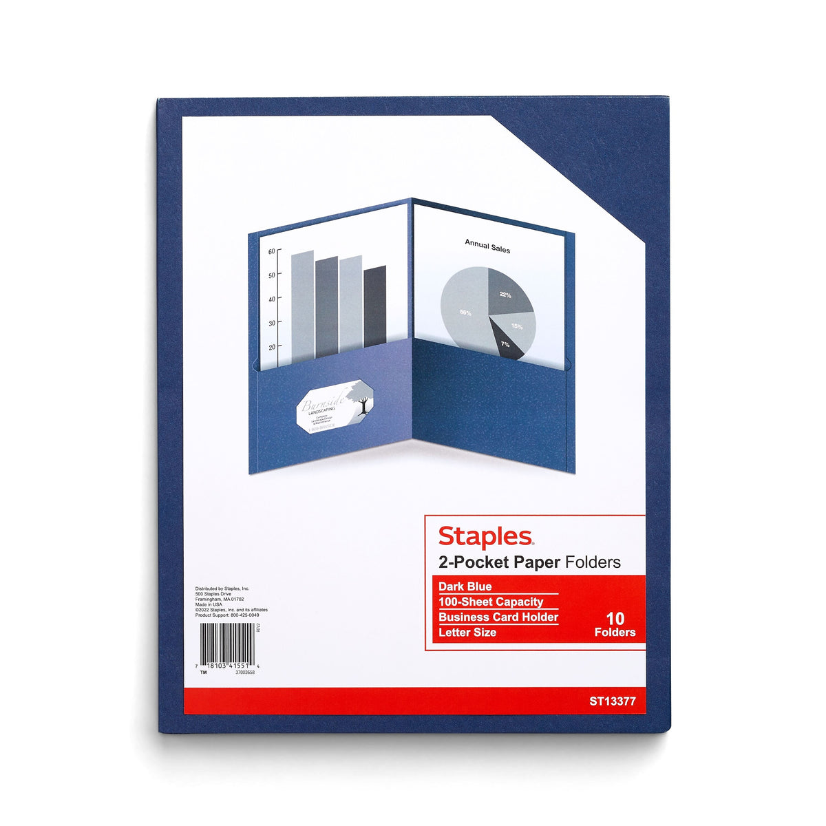 Staples 10% Recycled Smooth 2-Pocket Paper Presentation Folder, Dark Blue, 10/Pack