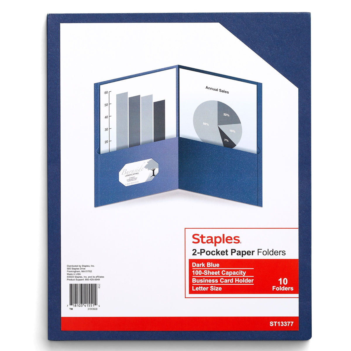 Staples 10% Recycled Smooth 2-Pocket Paper Presentation Folder, Dark Blue, 10/Pack