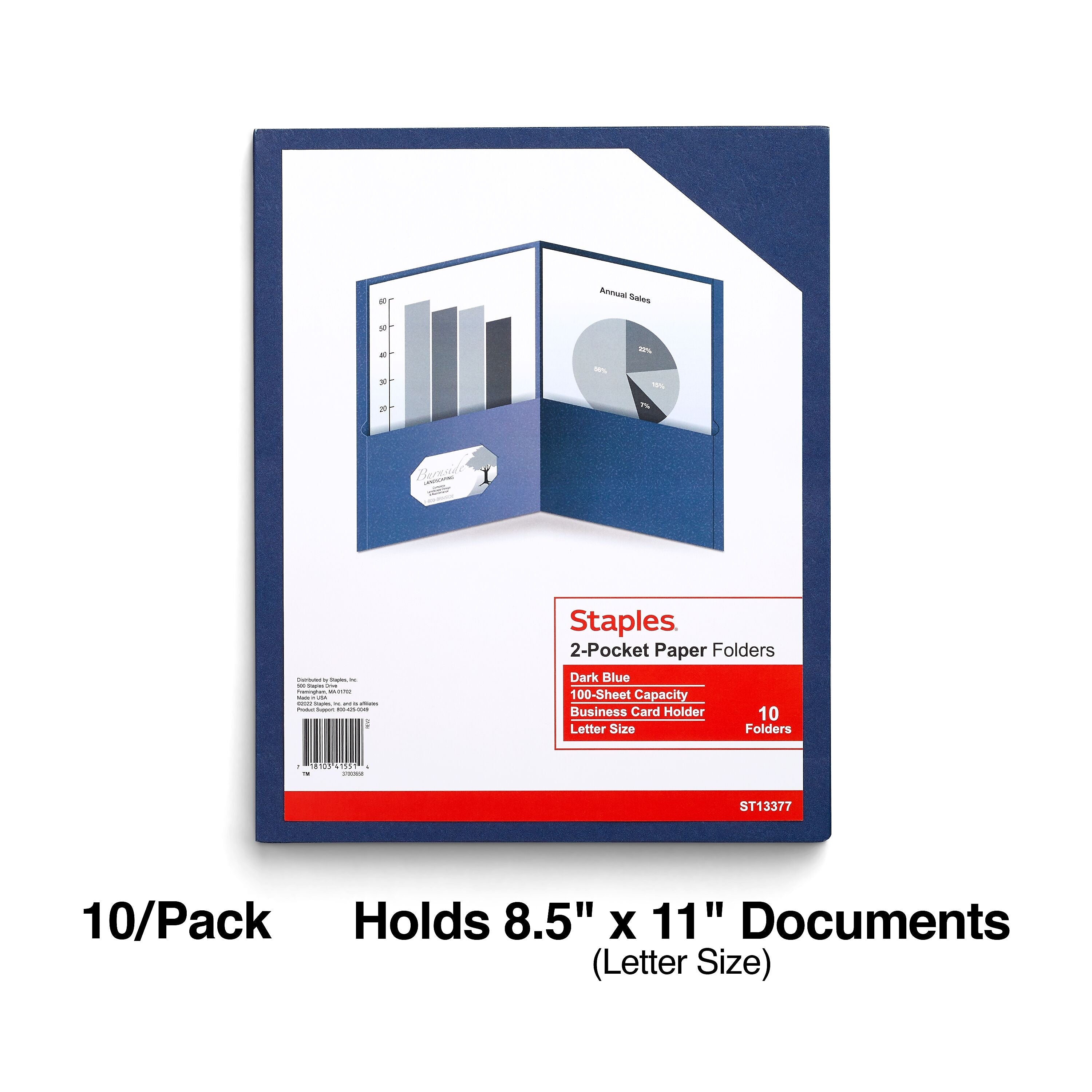 Staples 10% Recycled Smooth 2-Pocket Paper Presentation Folder, Dark Blue, 10/Pack