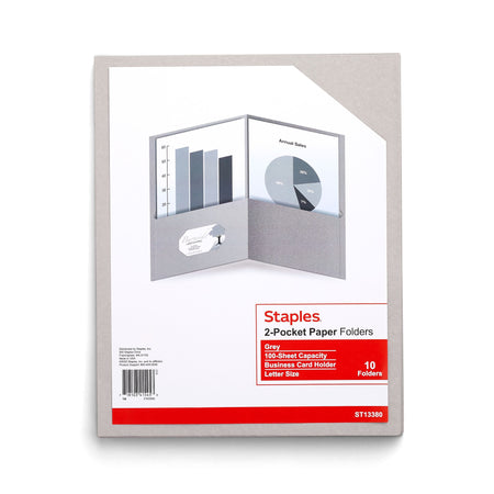 Staples 10% Recycled Smooth 2-Pocket Paper Presentation Folder, Gray, 10/Pack