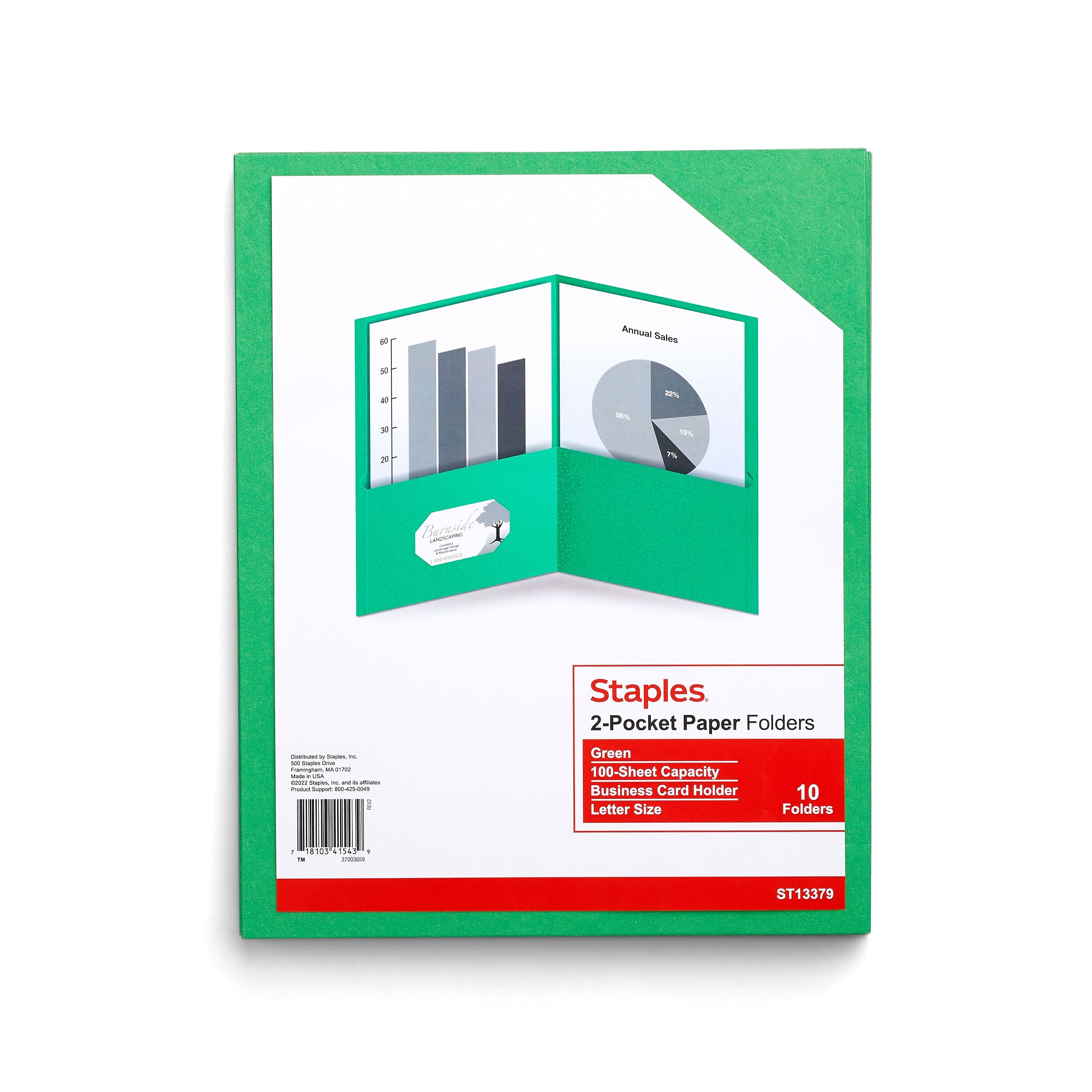 Staples 10% Recycled Smooth 2-Pocket Paper Presentation Folder, Green, 10/Pack