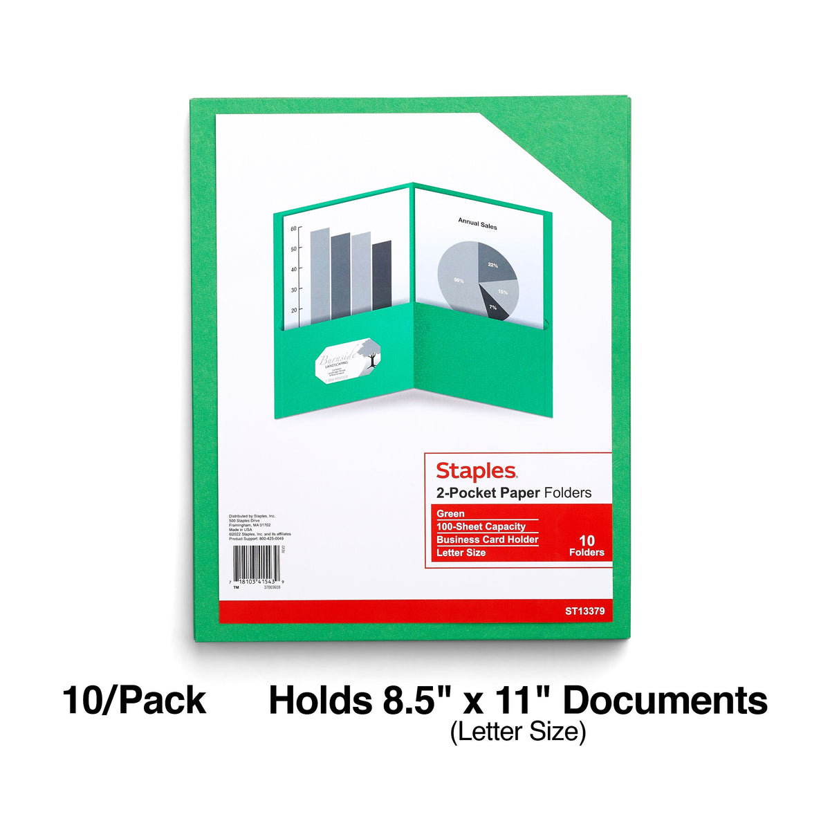 Staples 10% Recycled Smooth 2-Pocket Paper Presentation Folder, Green, 10/Pack