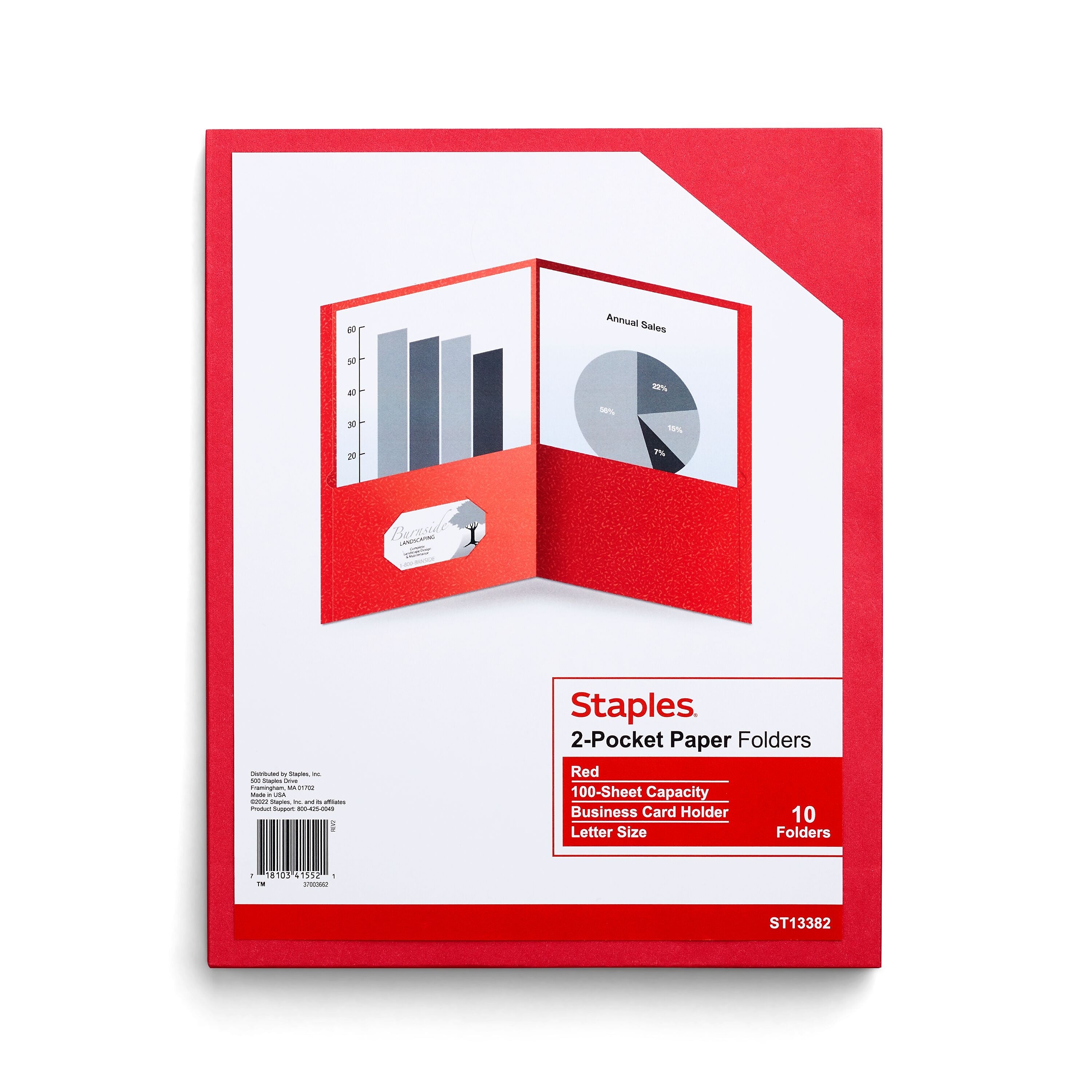 Staples 10% Recycled Smooth 2-Pocket Paper Presentation Folder, Red, 10/Pack