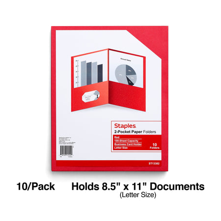 Staples 10% Recycled Smooth 2-Pocket Paper Presentation Folder, Red, 10/Pack