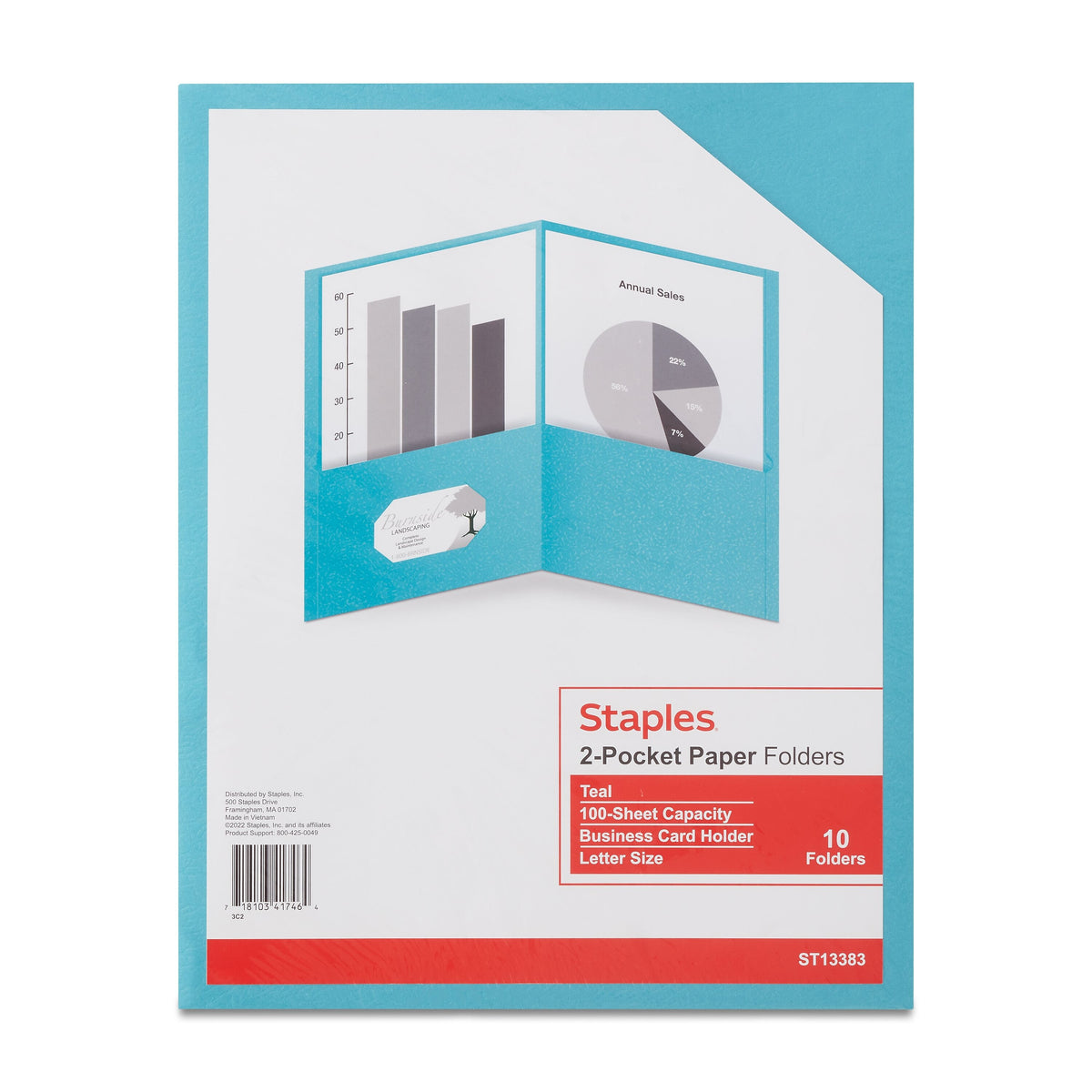 Staples 10% Recycled Smooth 2-Pocket Paper Presentation Folder, Teal, 10/Pack