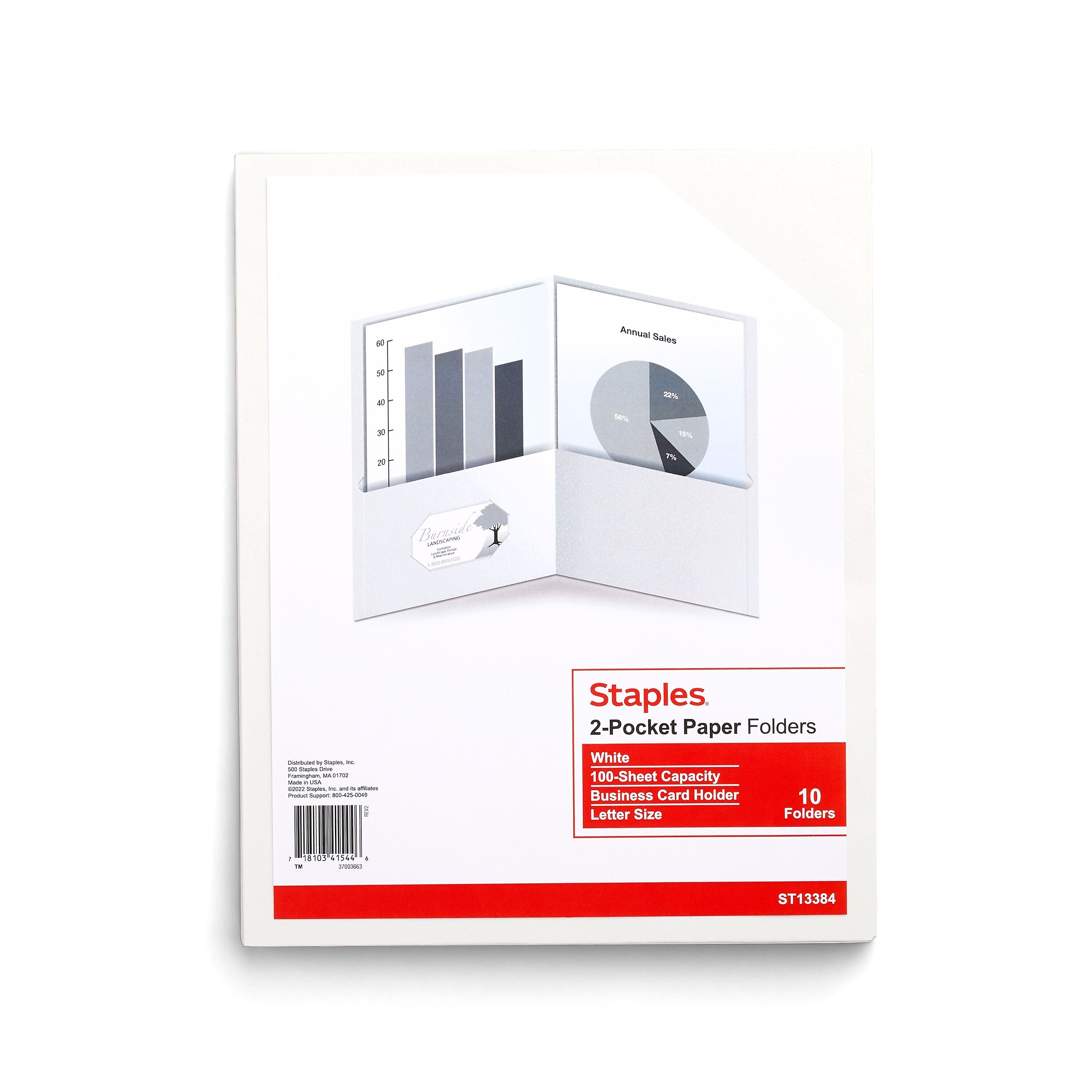 Staples 10% Recycled Smooth 2-Pocket Paper Presentation Folder, White, 10/Pack