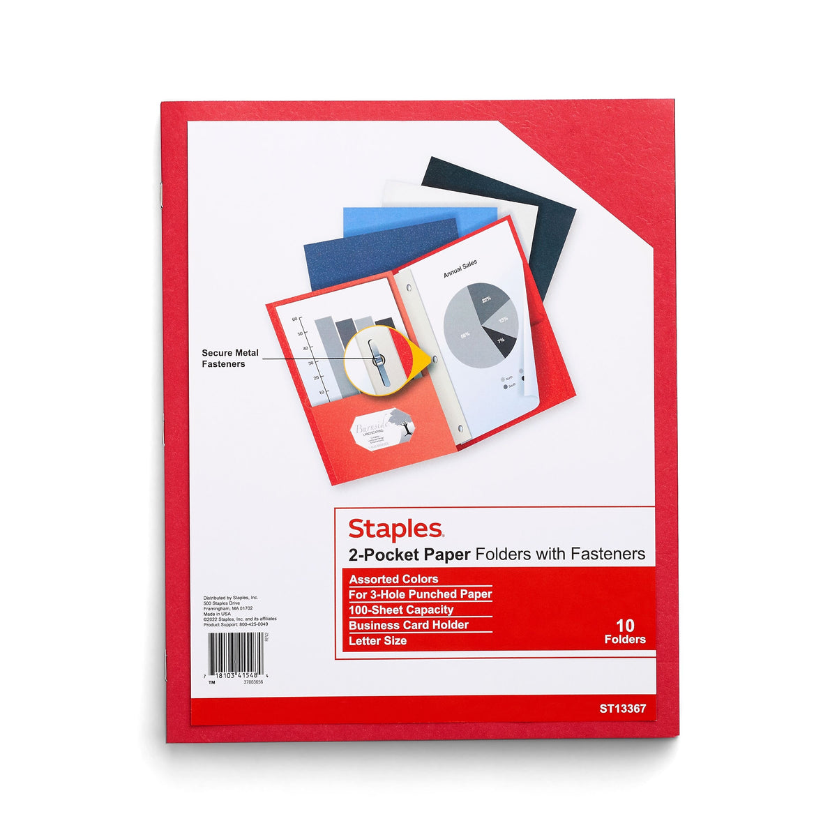 Staples 10% Recycled Smooth 2-Pocket Paper Presentation Folder with Fasteners, Assorted Colors, 10/Pack