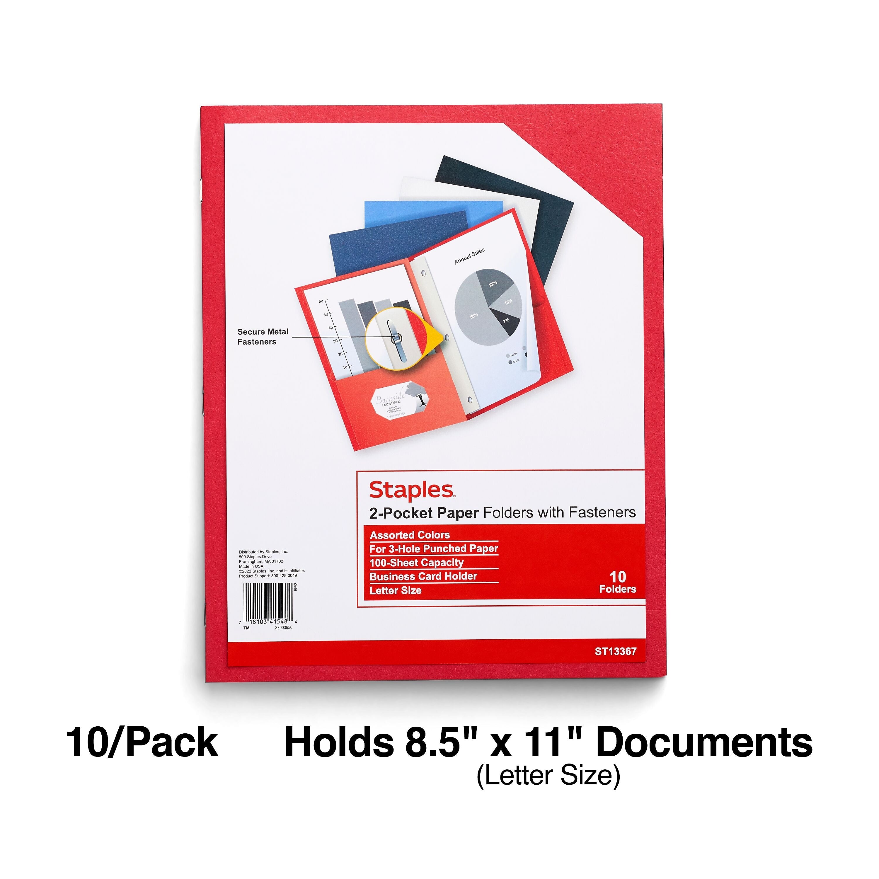 Staples 10% Recycled Smooth 2-Pocket Paper Presentation Folder with Fasteners, Assorted Colors, 10/Pack