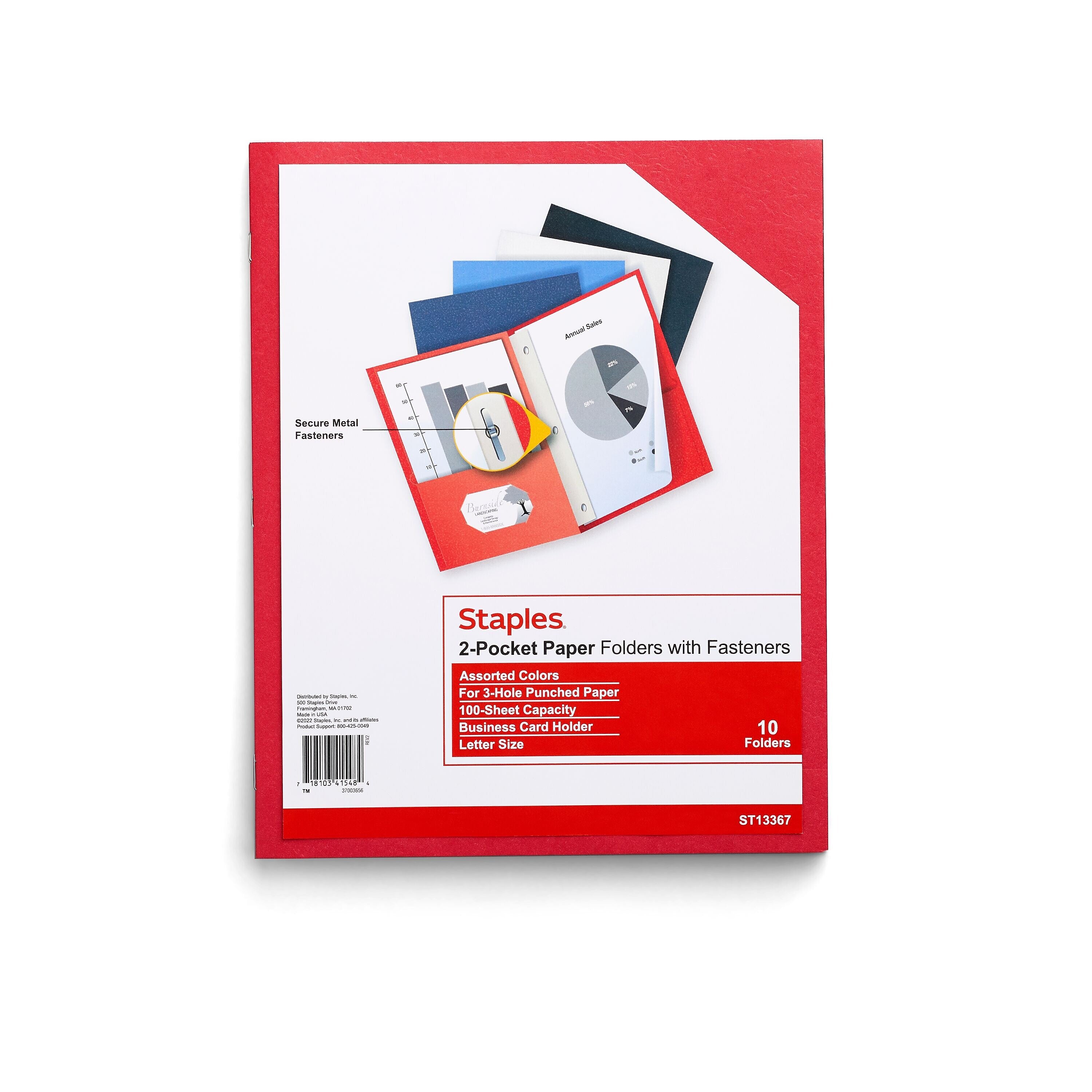 Staples 10% Recycled Smooth 2-Pocket Paper Presentation Folder with Fasteners, Assorted Colors, 10/Pack