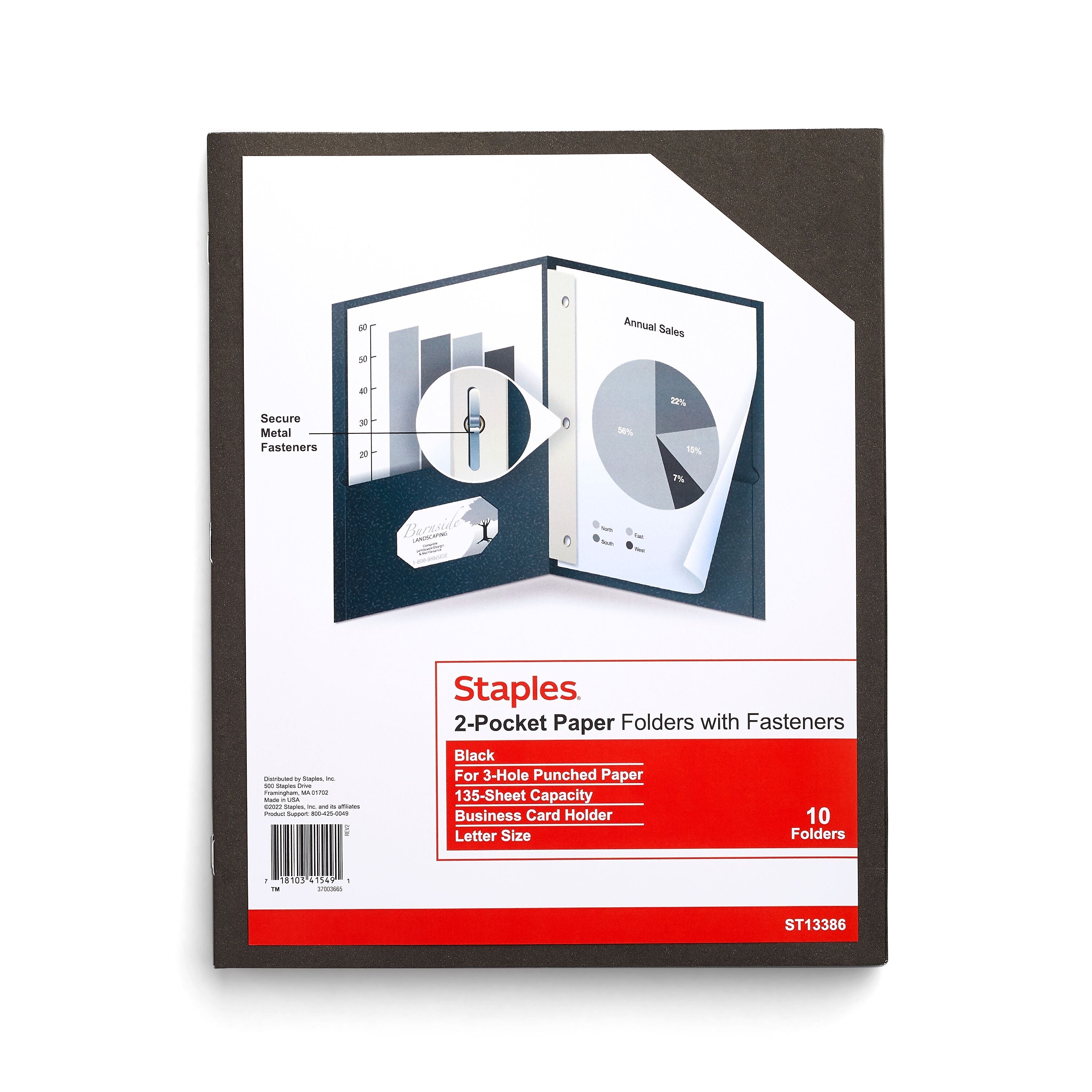 Staples 10% Recycled Smooth 2-Pocket Paper Presentation Folder with Fasteners, Black, 10/Pack