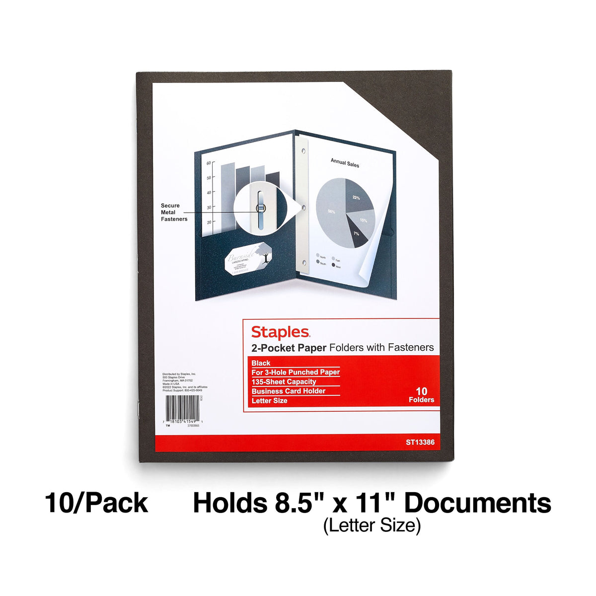 Staples 10% Recycled Smooth 2-Pocket Paper Presentation Folder with Fasteners, Black, 10/Pack