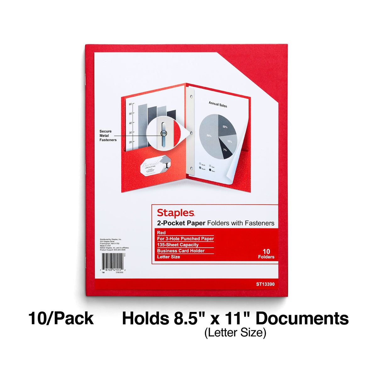 Staples 10% Recycled Smooth 2-Pocket Paper Presentation Folder with Fasteners, Red, 10/Pack