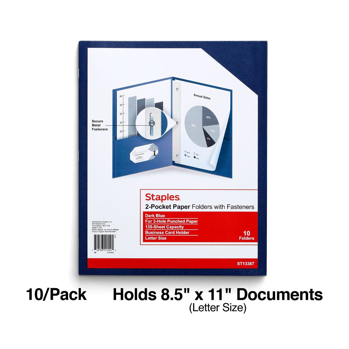 Staples 10% Recyled Smooth 2-Pocket Paper Presentation Folder with Fasteners, Dark Blue, 10/Pack