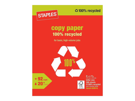 Staples 100% Recycled 8.5" x 11" Copy Paper, 20 lbs., 92 Brightness, 500/Ream